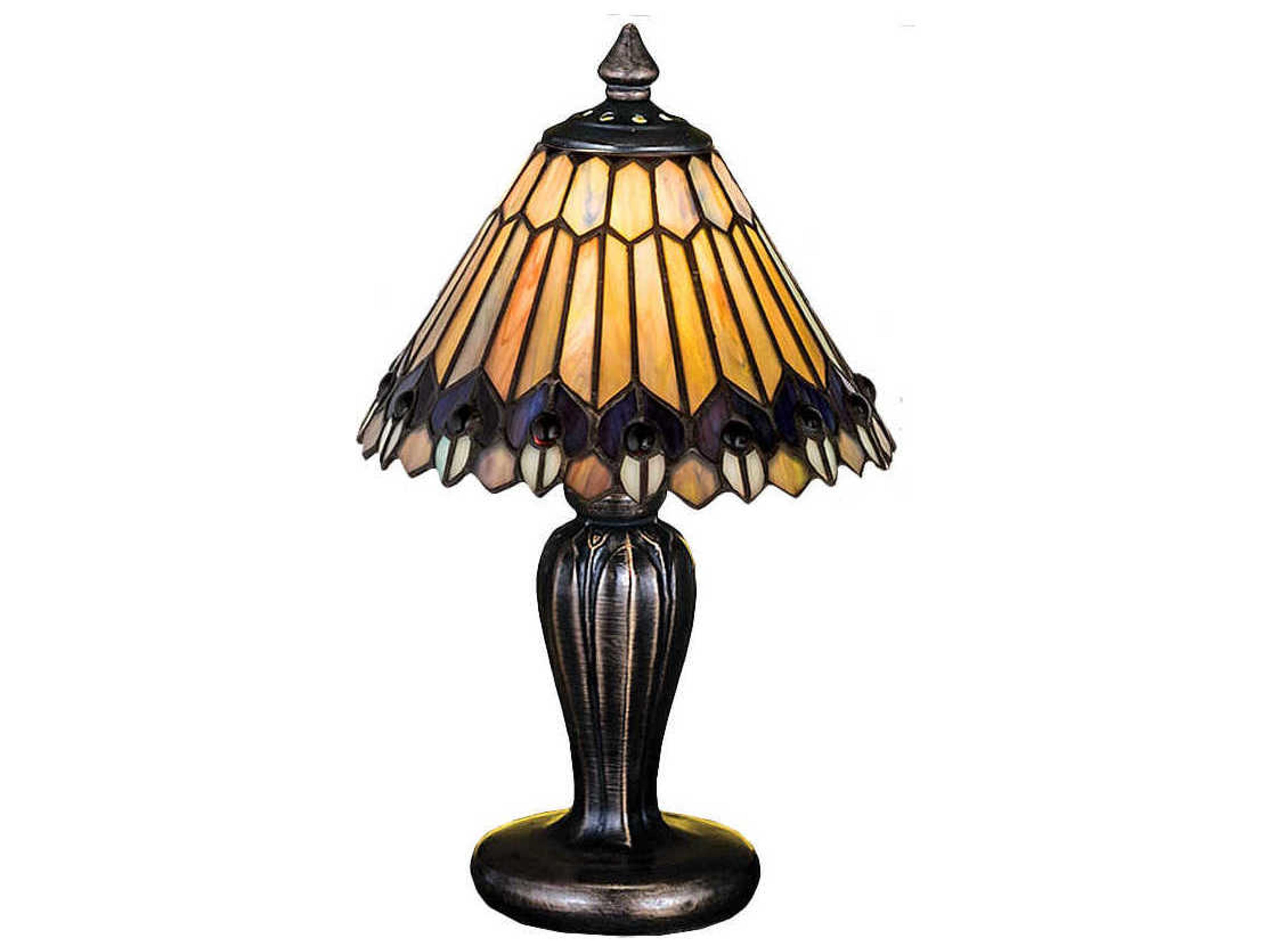 Tiffany Jeweled Peacock Mini Bronze Table Lamp
