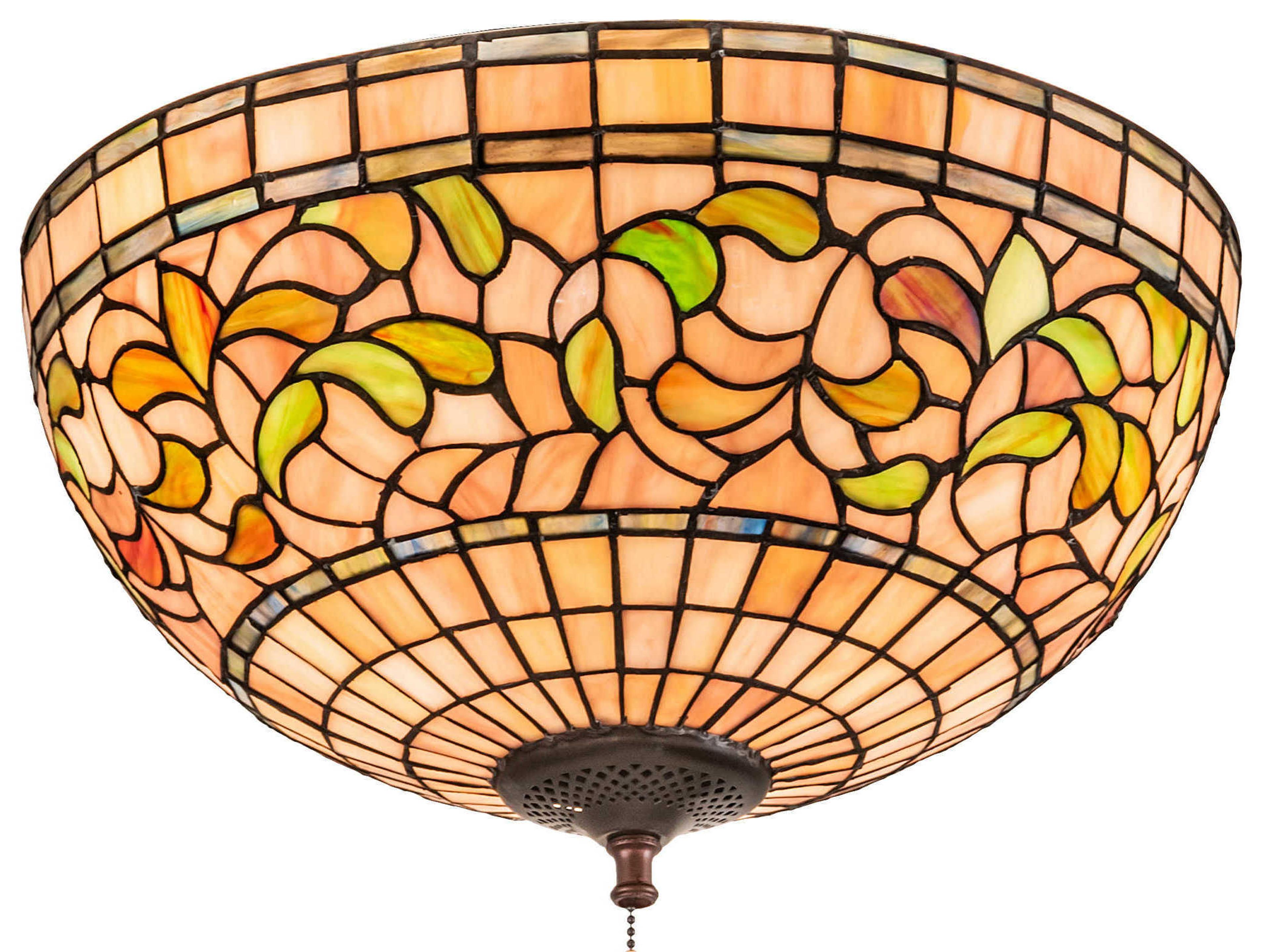 Tiffany Turning Leaf 3-Light Mauve Beige Green Glass Bowl Flush Mount