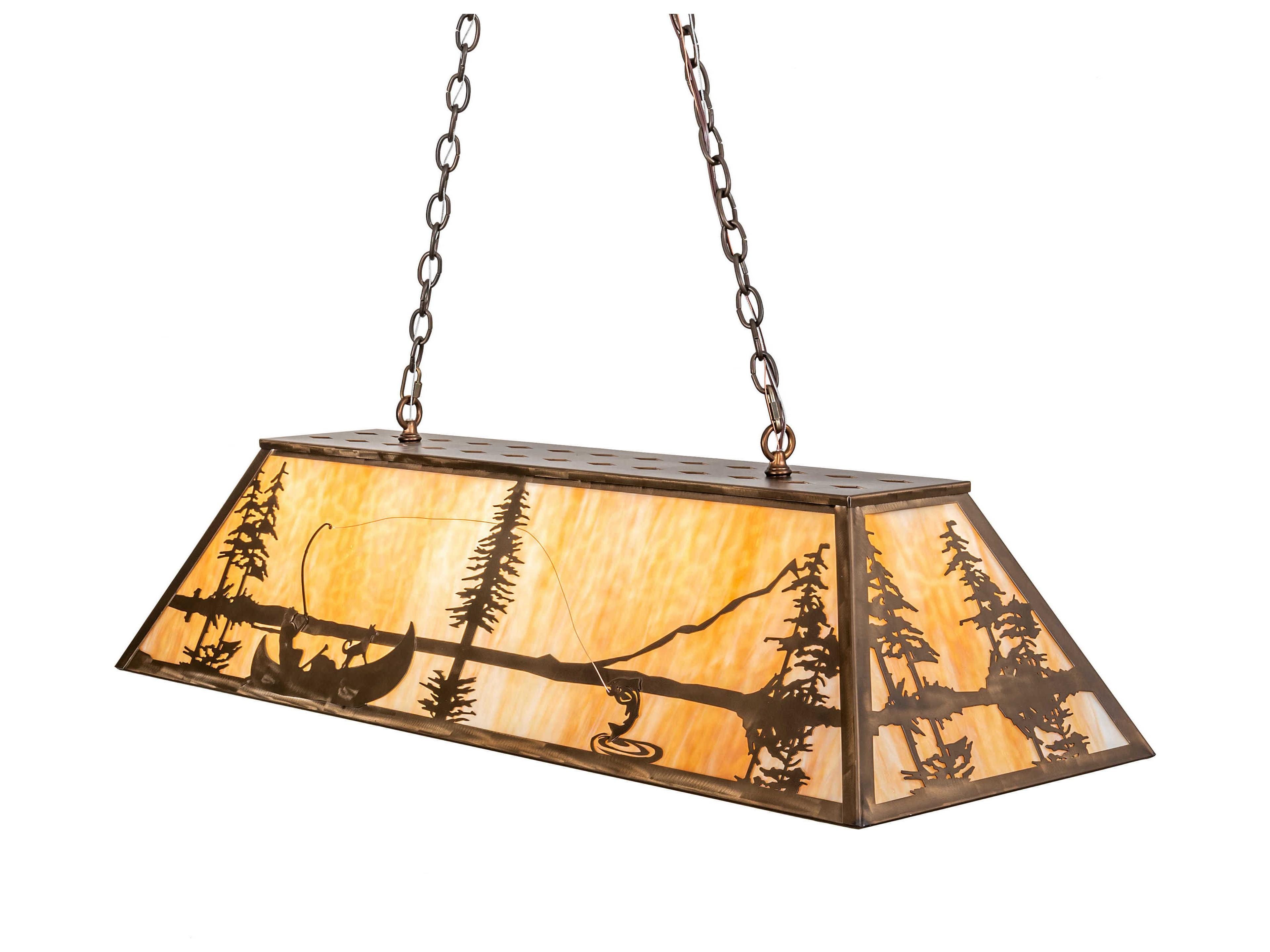 Trout & Fisherman 6-Light Antique Copper Off White Glass Island Pendant