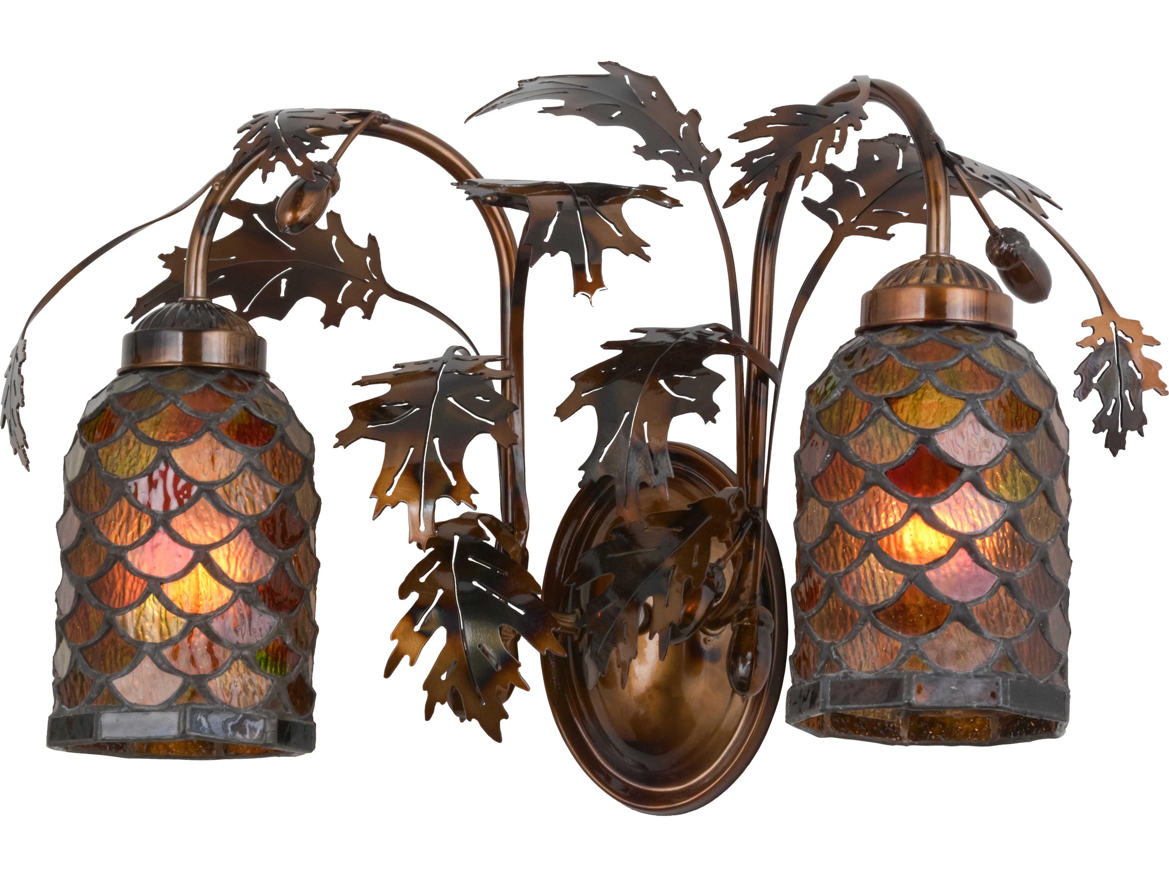 Oak Leaf & Acorn 2-Light Copper Glass Tiffany Wall Sconce