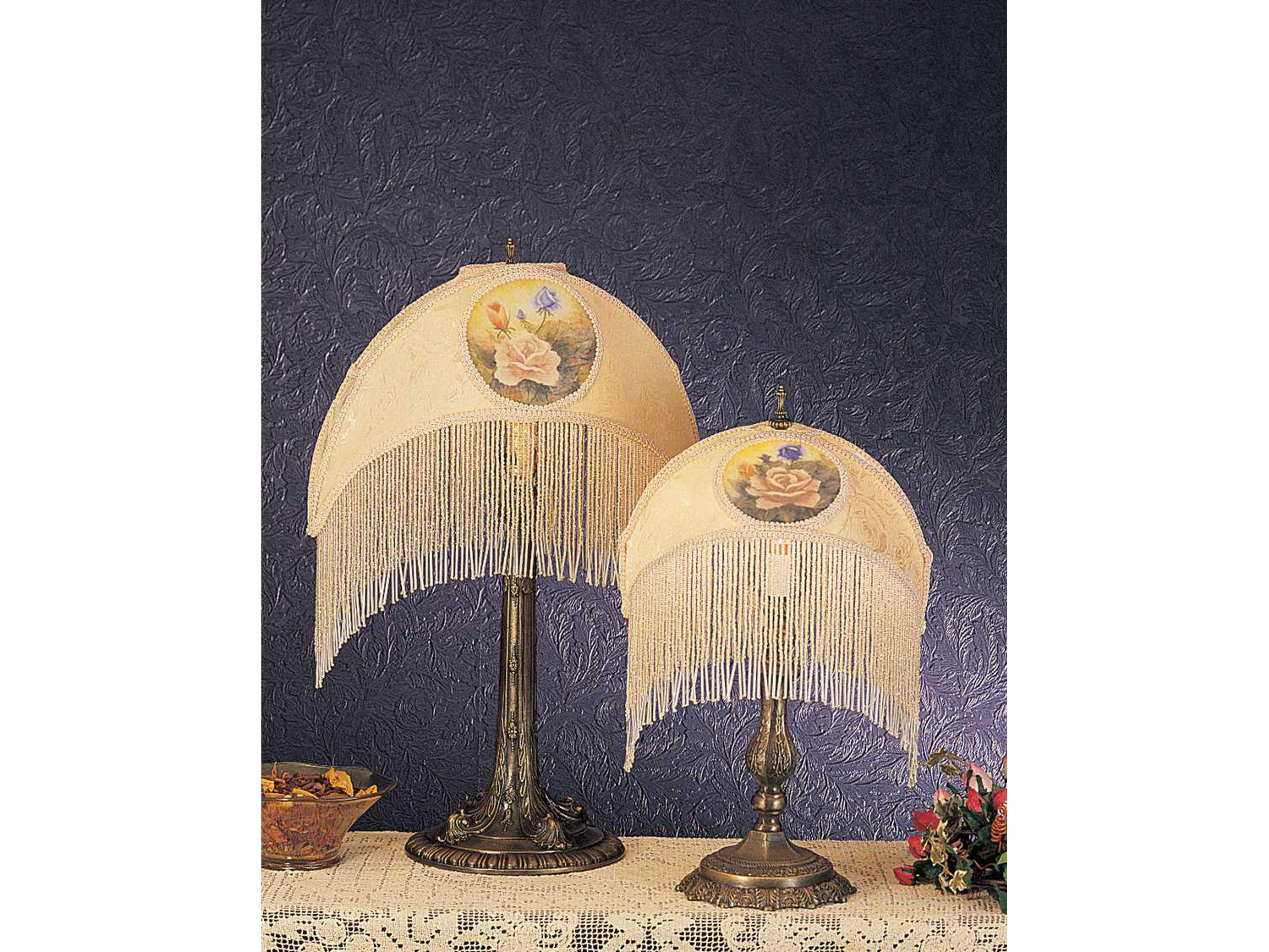 Reverse Painted Roses Fabric with Fringe Accent Green Table Lamp