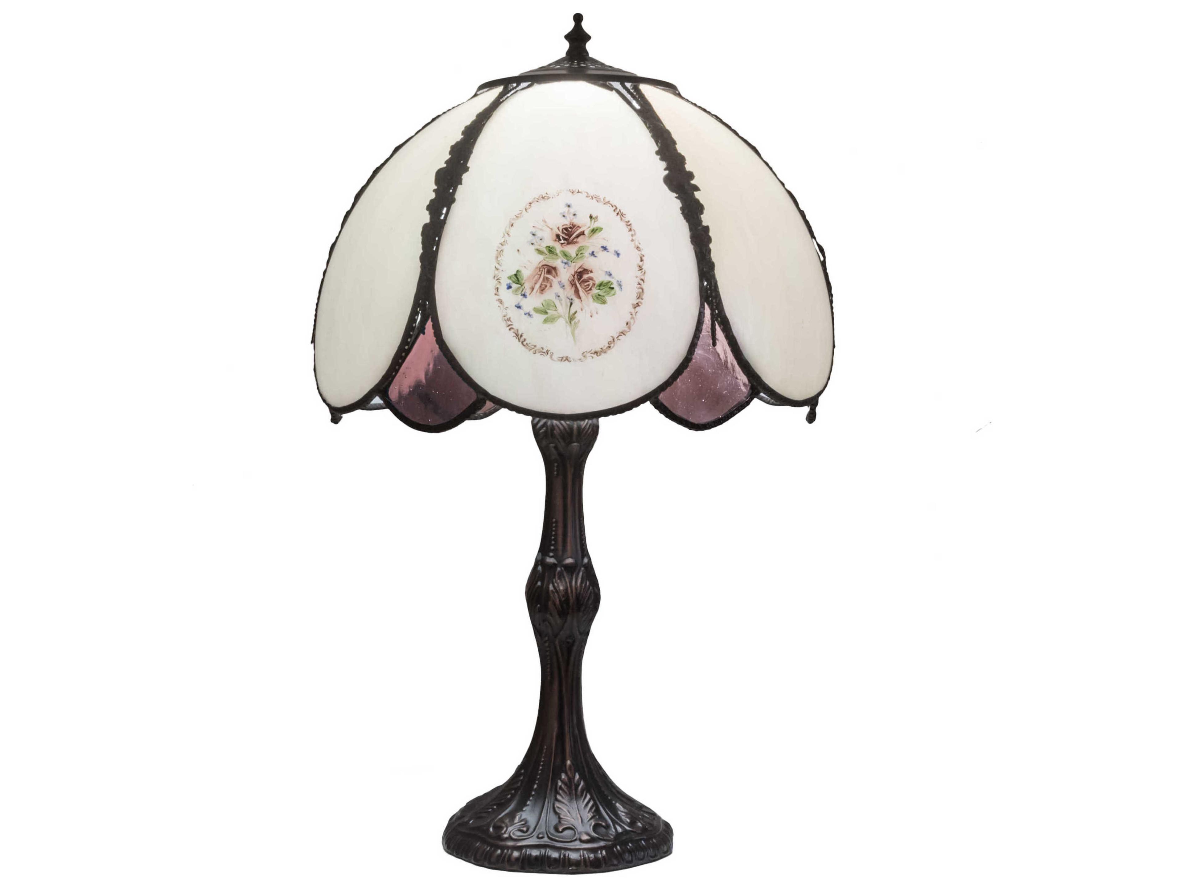 Roses Hand Painted White Green Glass Table Lamp
