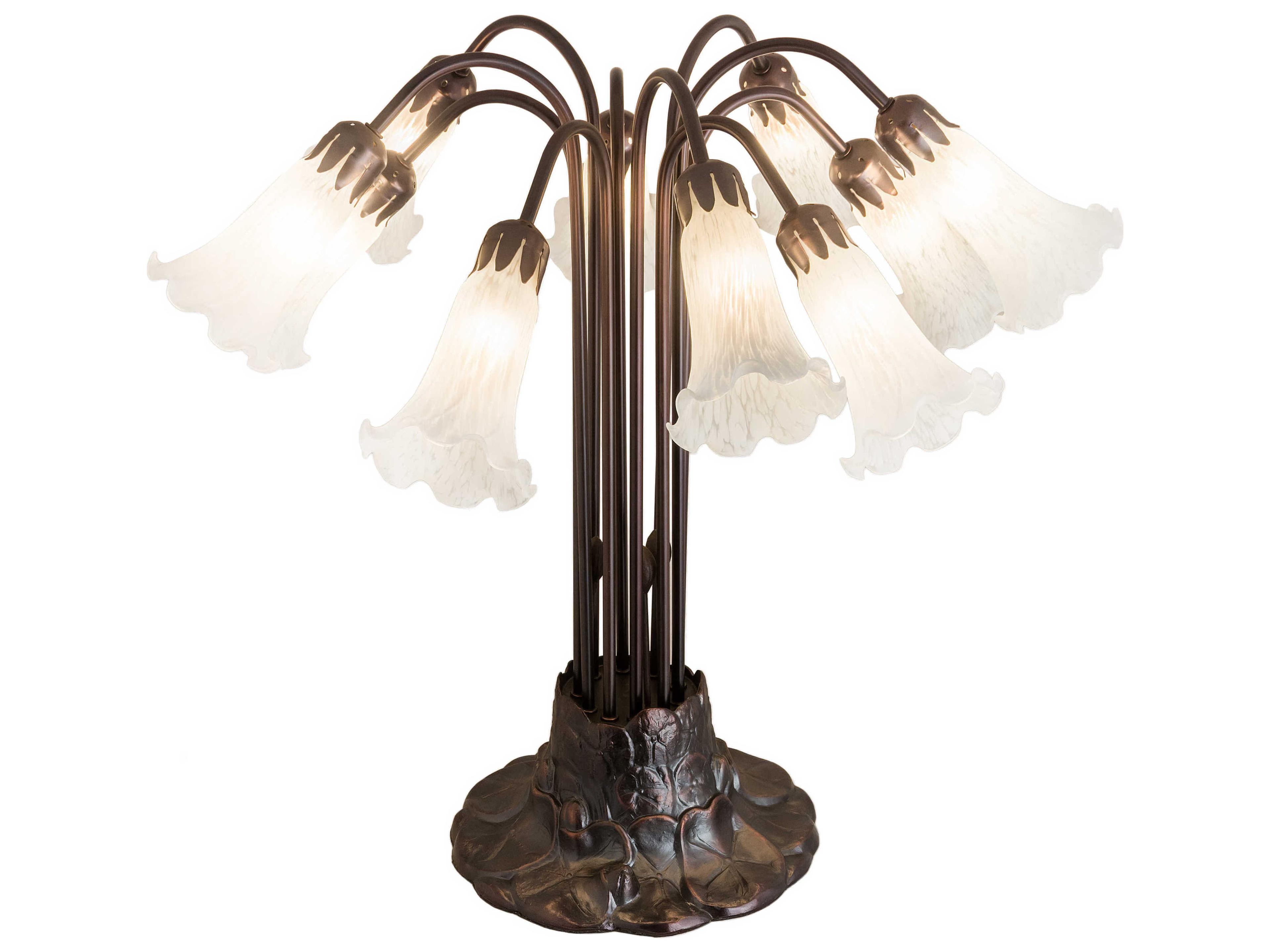 Pond Lily 10 - Light Glass Tiffany Mahogany Bronze Table Lamp with White Shade