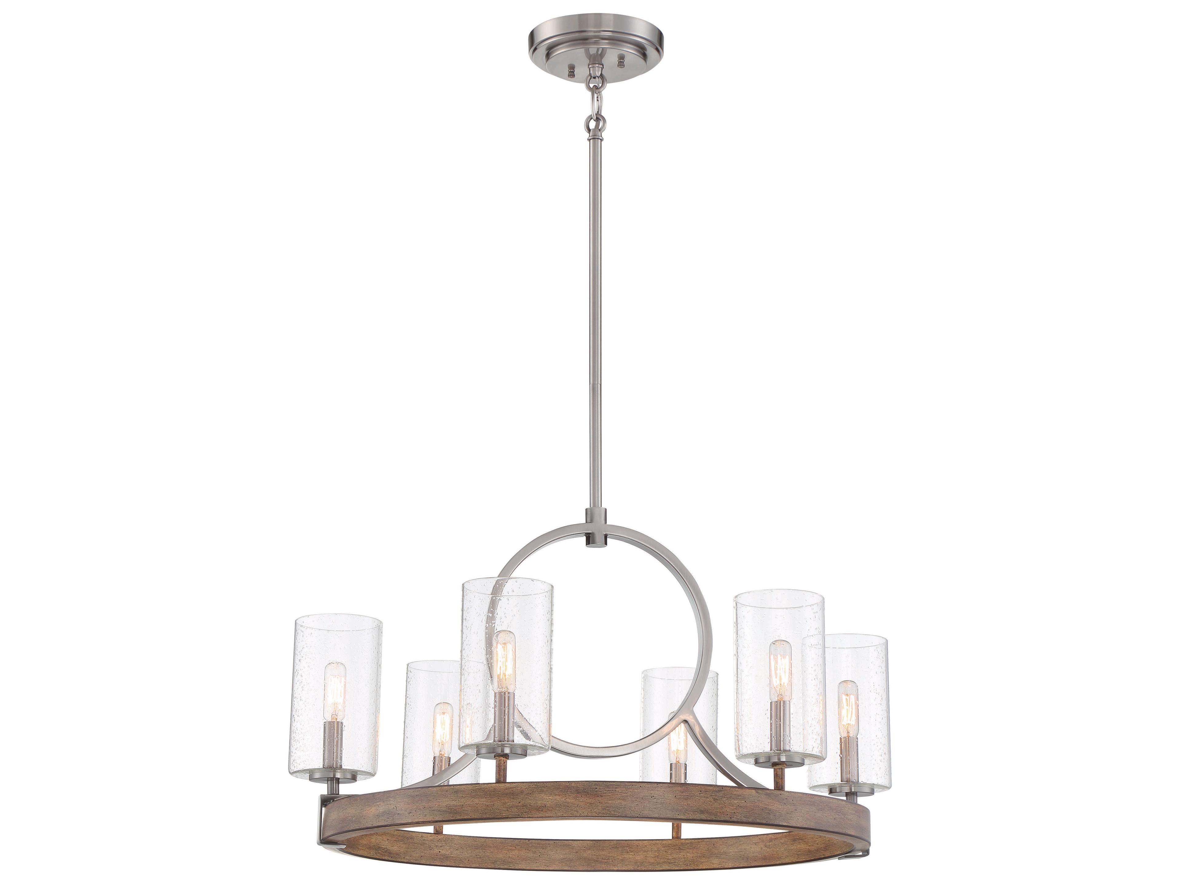 Country Estates 6-Light Sun Faded Wood Brushed Nickel Brown Glass Candelabra Cylinder Linear Chandelier