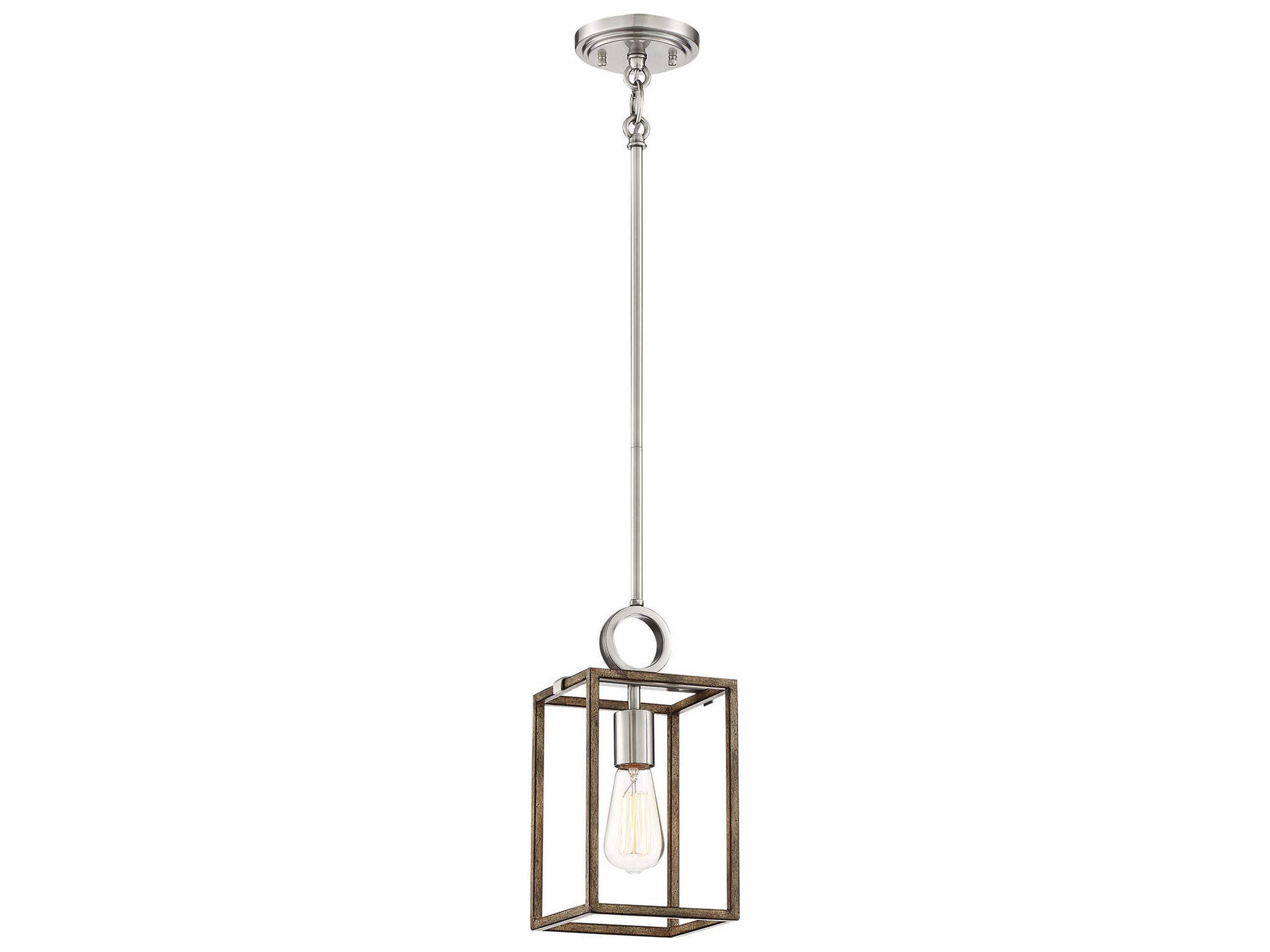 Country Estates 1-Light Sun Faded Wood Brushed Nickel Brown Mini Pendant