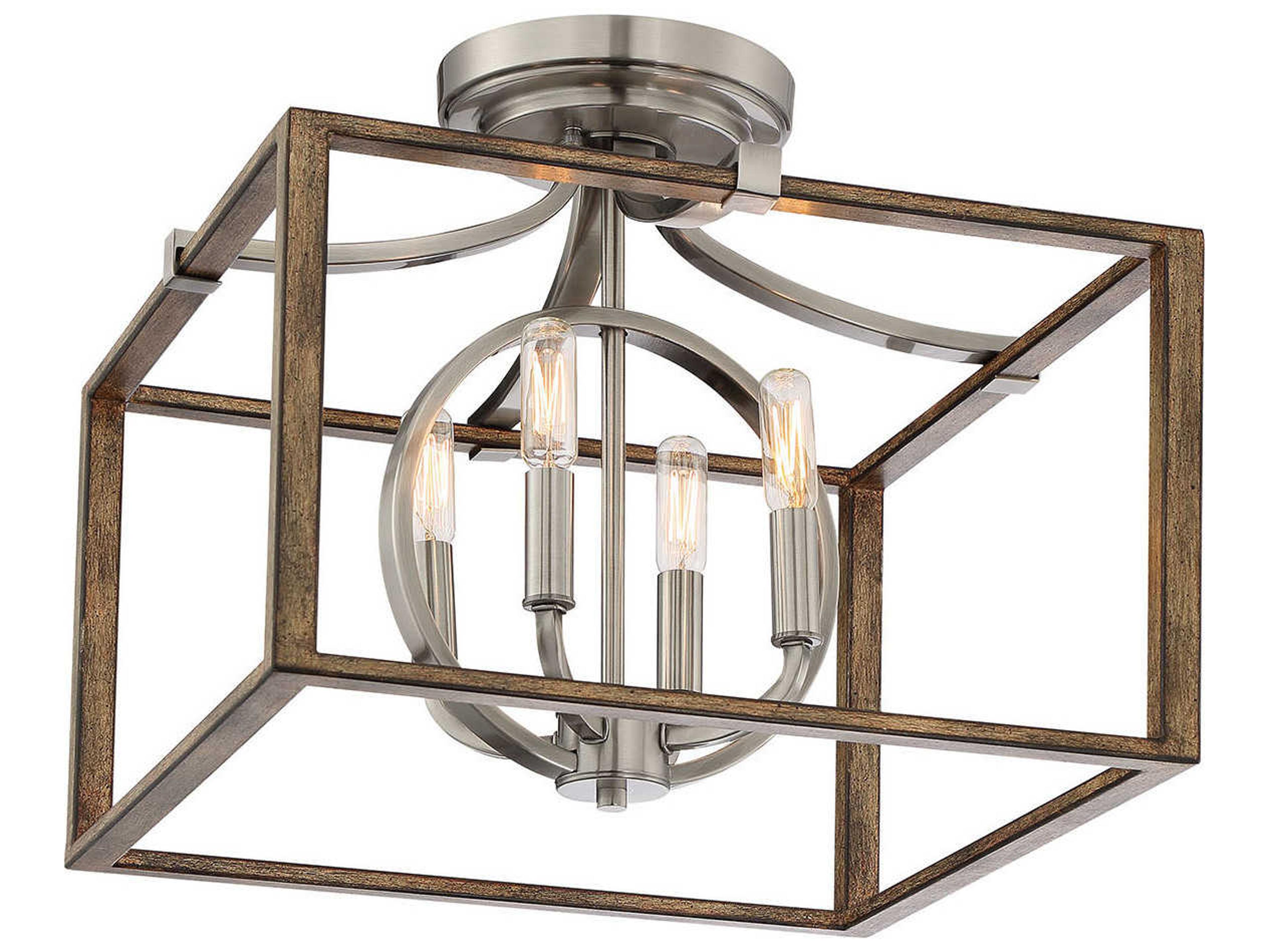 Country Estates 4-Light Sun Faded Wood Brushed Nickel Brown Semi Flush Mount