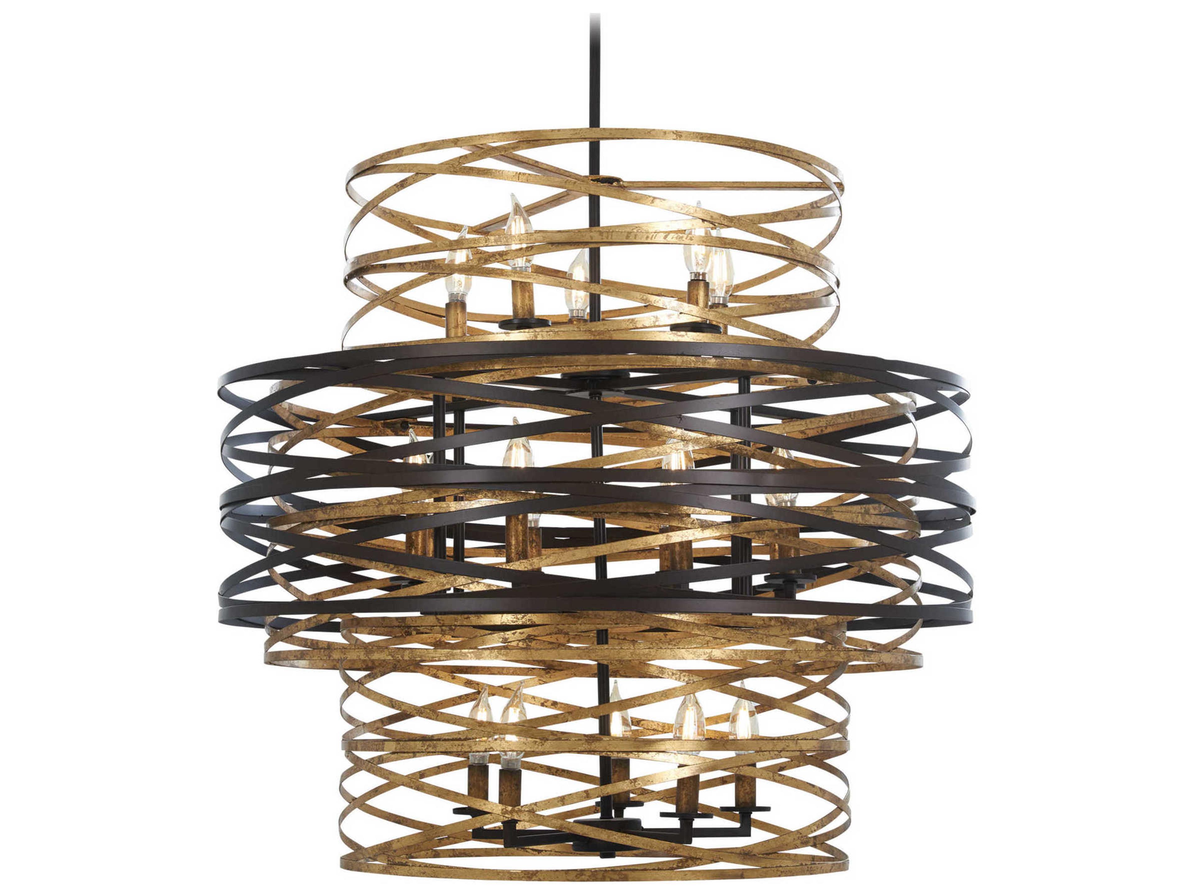 Vortic Flow 18 Light Chandelier in Dark Bronze and Mosaic Gold