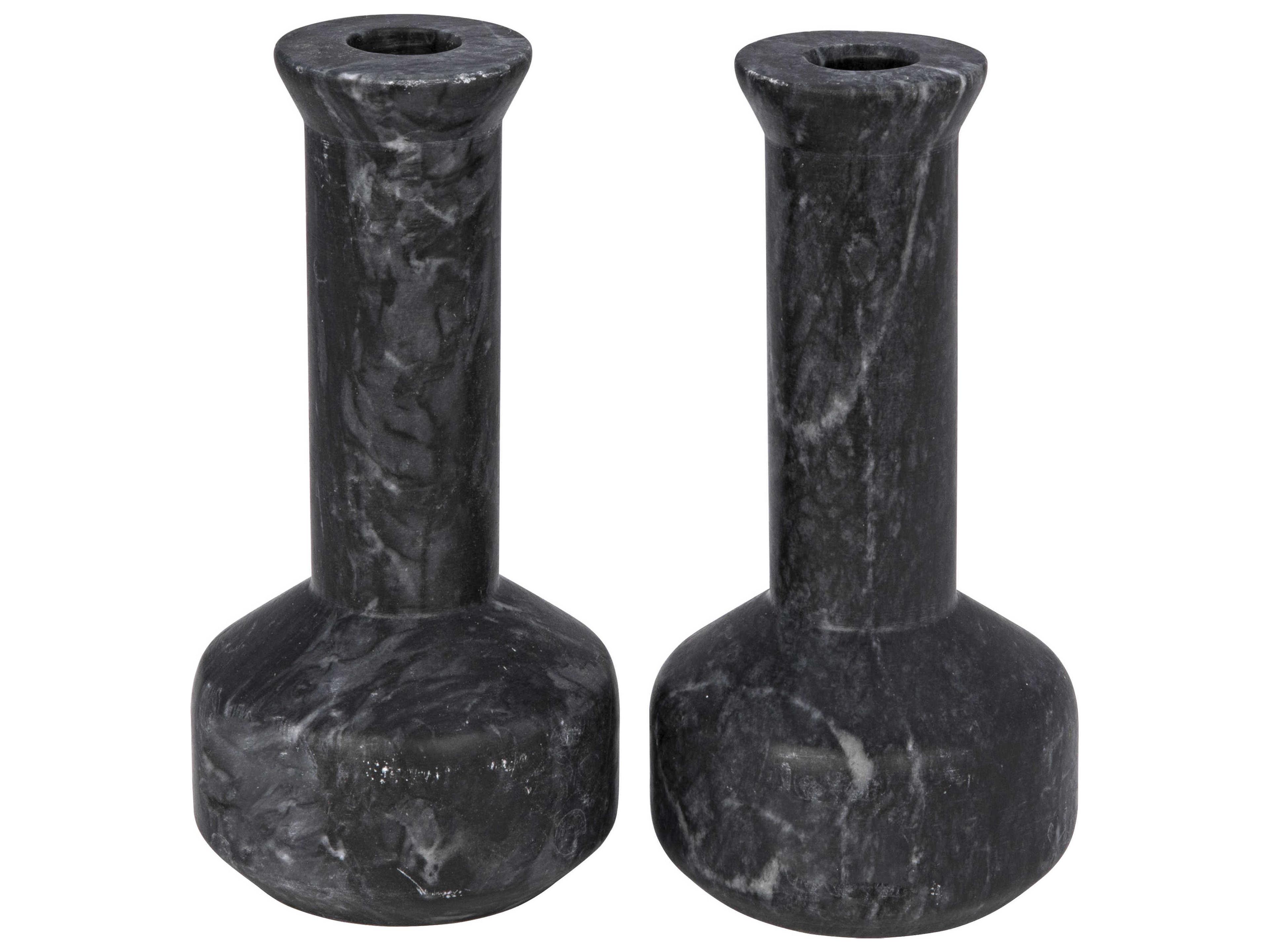 Noir Milor Black Marble Decorative Candle Holder, Set of 2