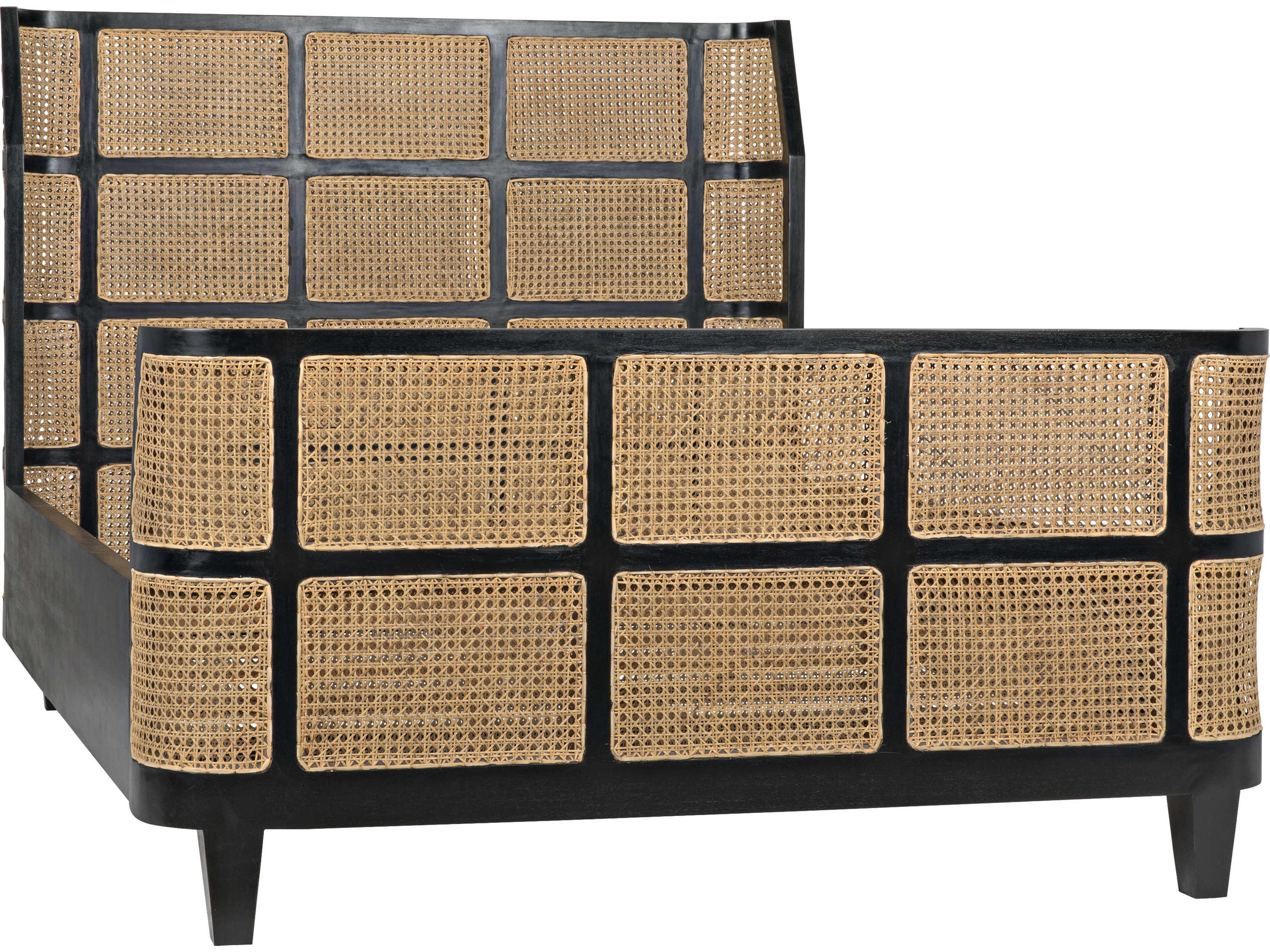 Hand Rubbed Black Caning Brown Mahogany Wood Queen Panel Bed