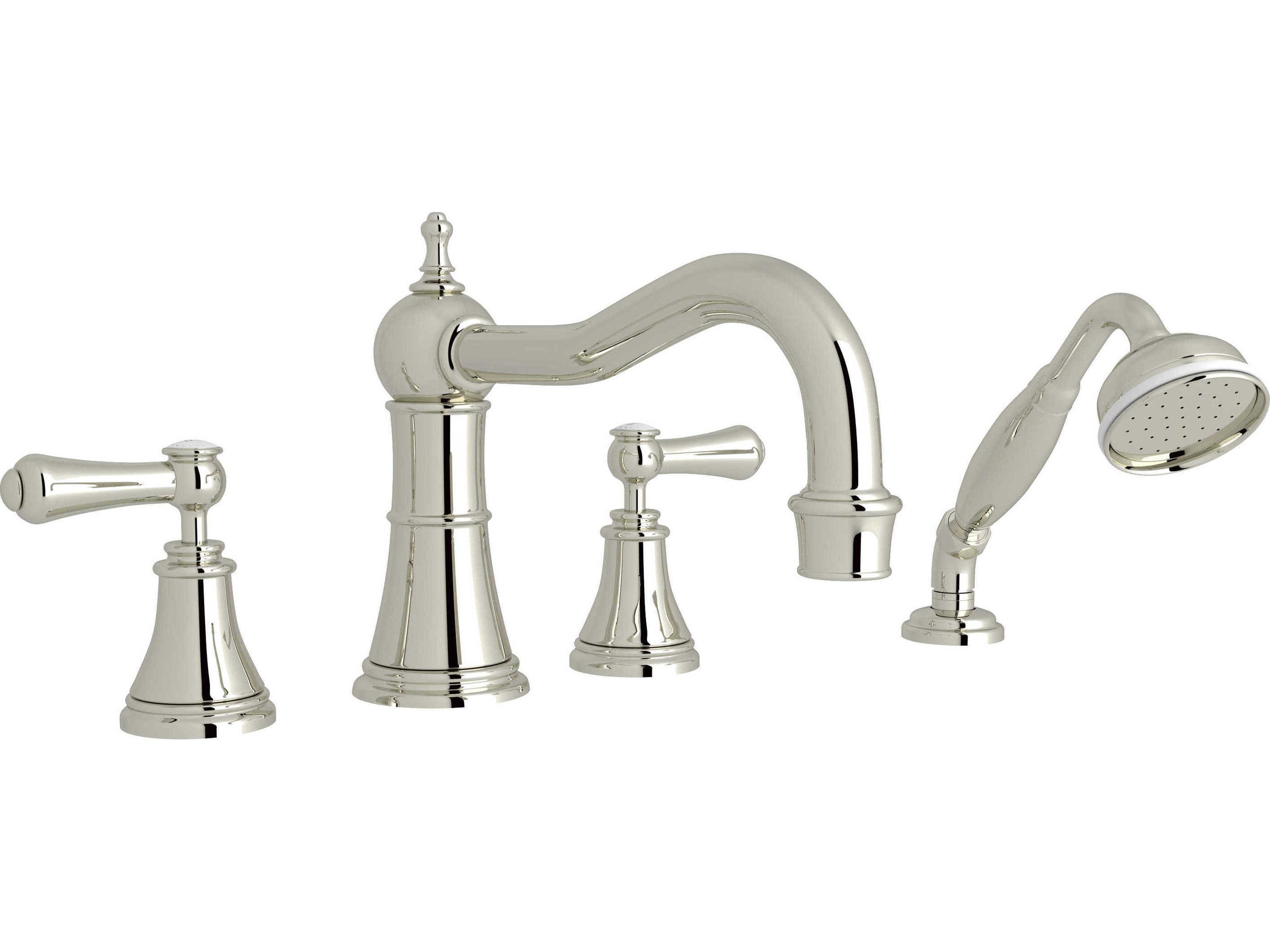 Perrin and Rowe Georgian Era Polished Nickel Deck Mount Column Spout Tub Filler with Handshower