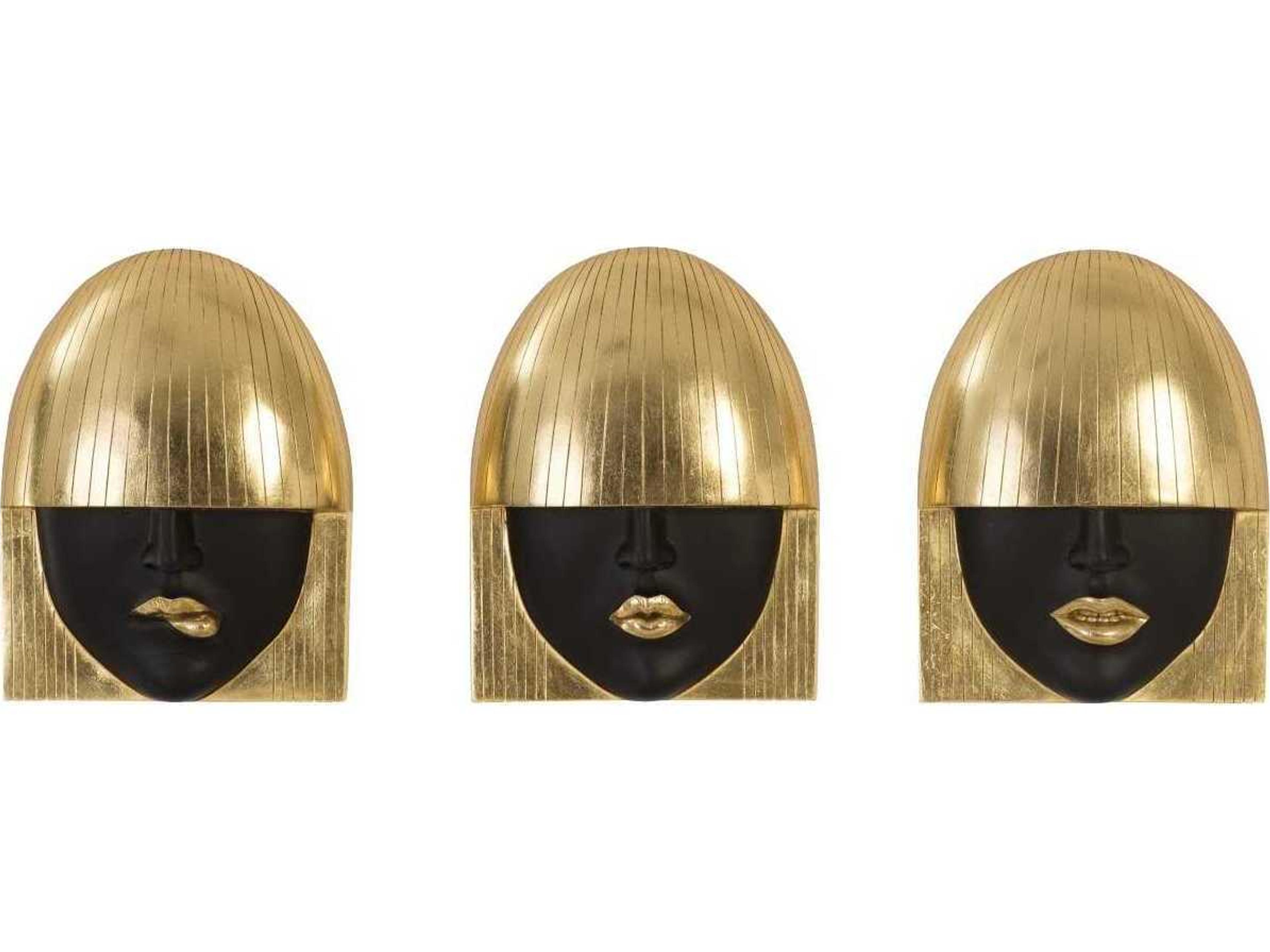 Fashion Faces Wall Art Set of 3 Small Black and Gold Leaf