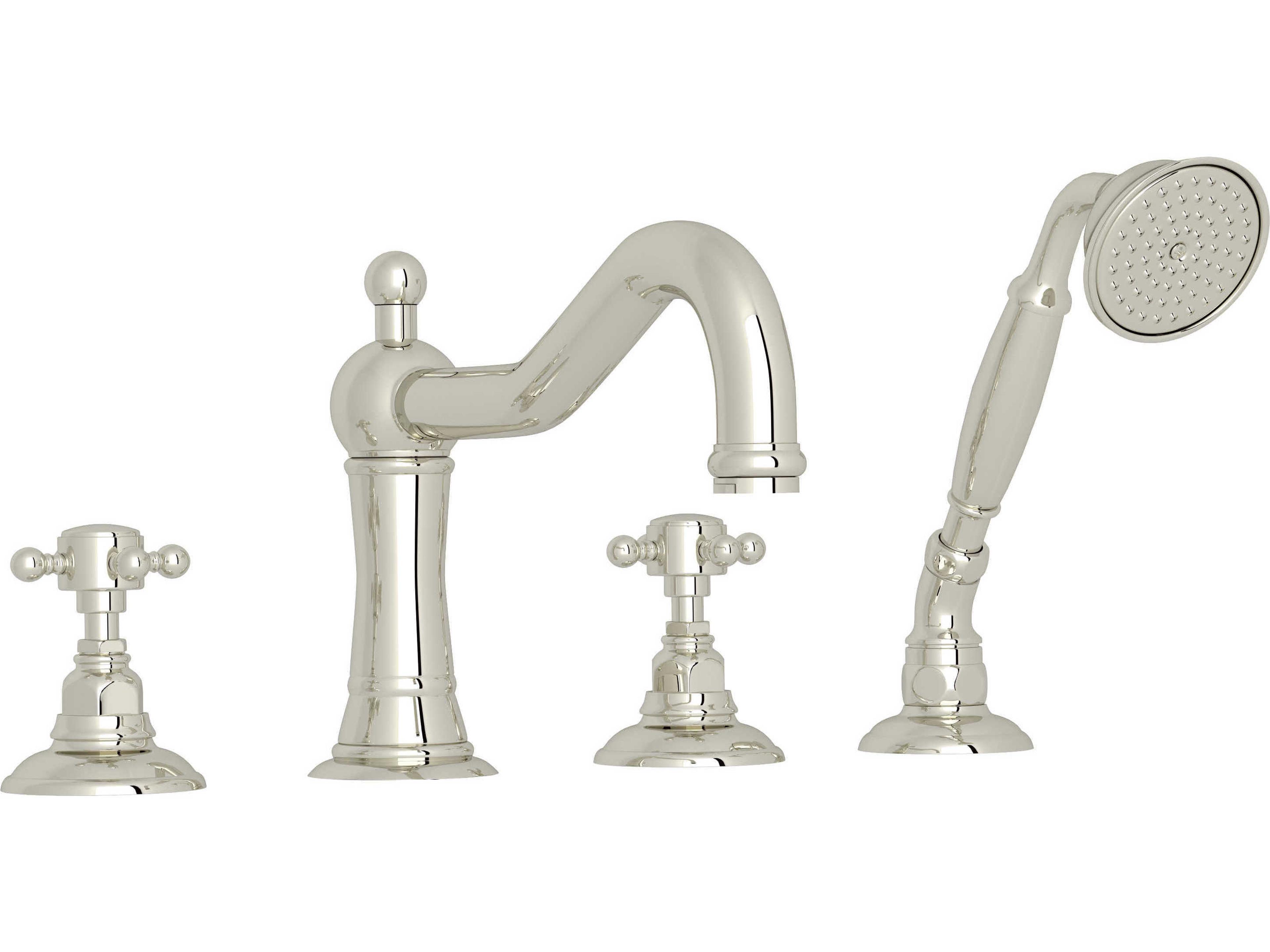 Rohl Acqui Polished Nickel 4-Hole Deck Mount Column Spout Tub Filler with Handshower with Cross Handles Faucet