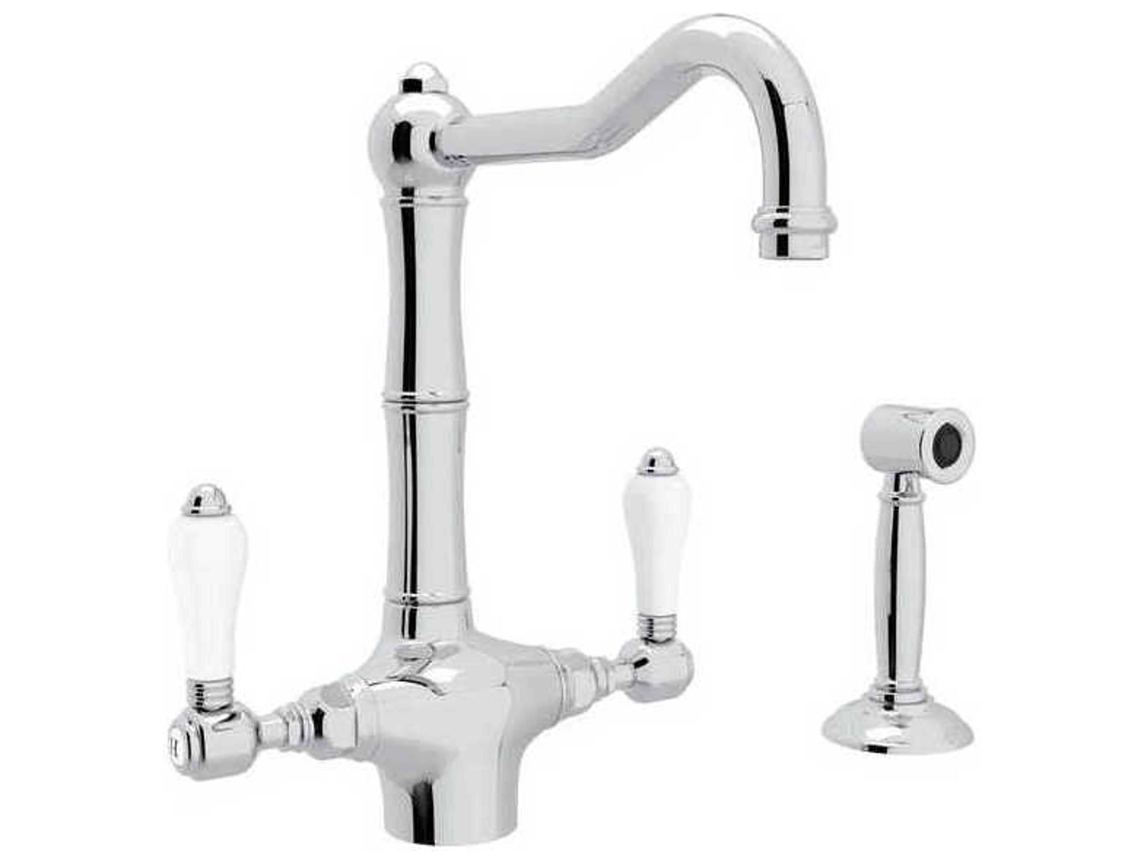 Acqui Polished Chrome Column Spout 2-Handle Kitchen Faucet with Sidespray with White Procelain Lever Handles