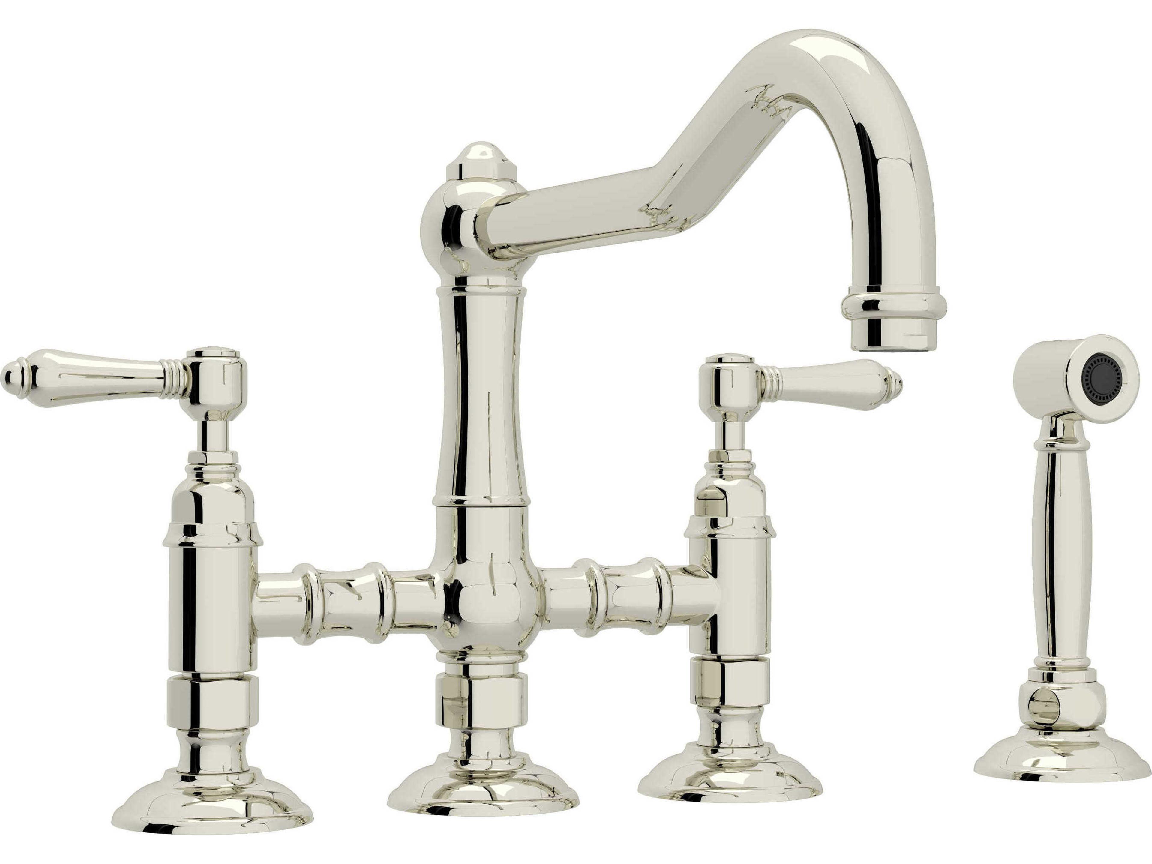 Acqui Polished Nickel Deck Mount Column Spout Bridge Kitchen Faucet with Sidespray with Lever Handles