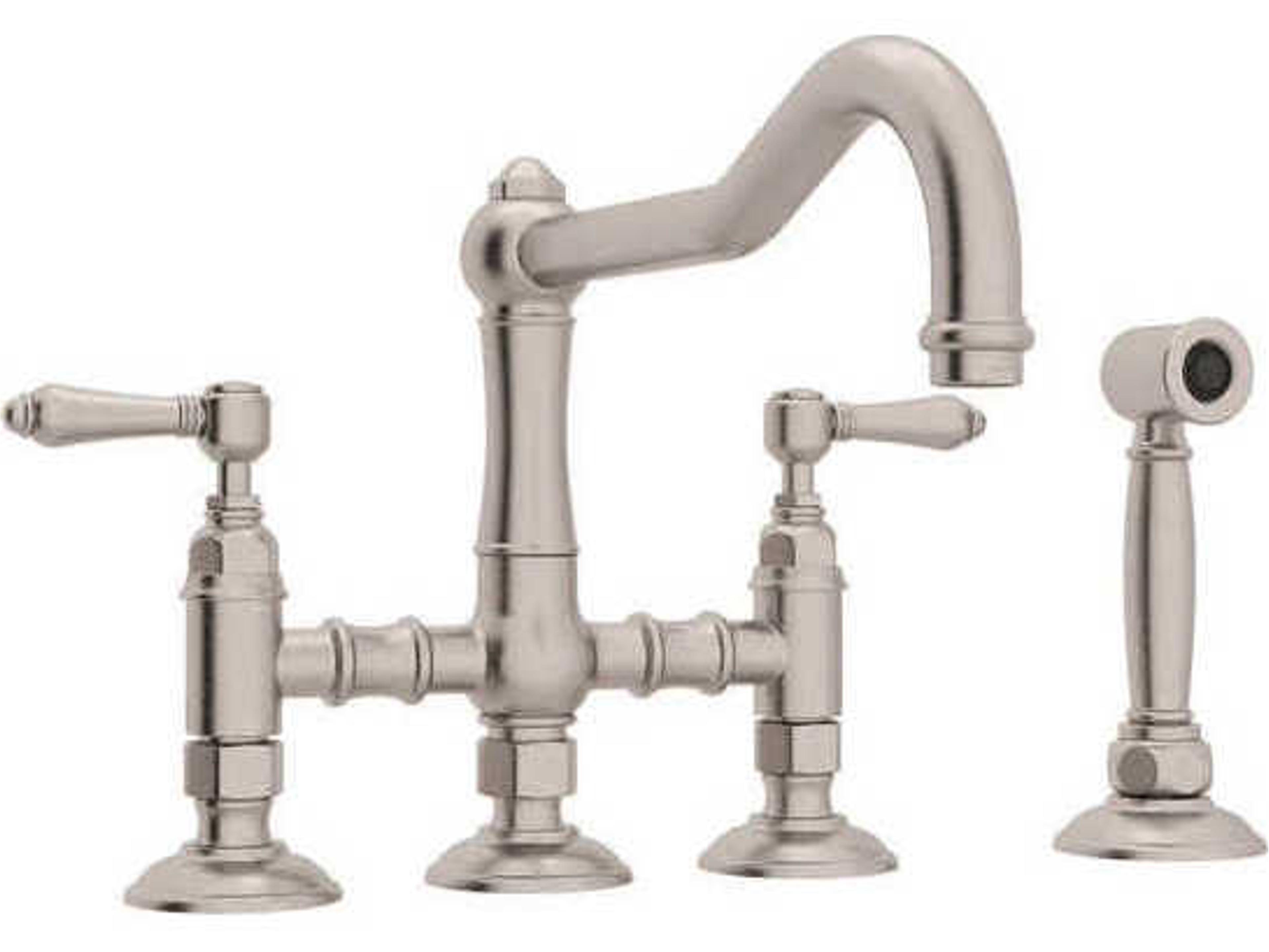 Acqui Satin Nickel Deck Mount Column Spout Bridge Kitchen Faucet with Sidespray with Lever Handles