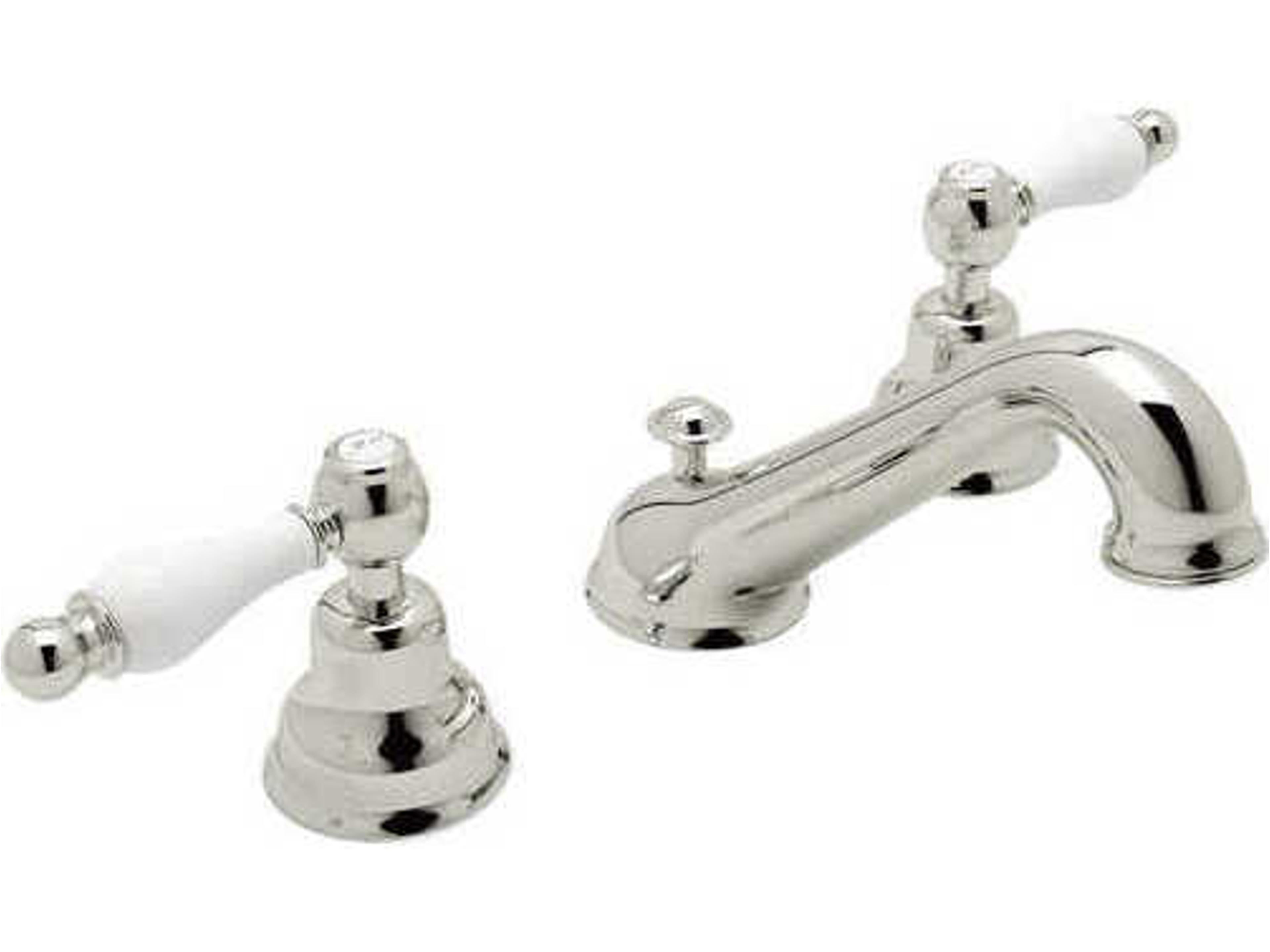 Arcana Polished Nickel C-Spout Widespread Lavatory Faucet with Ornate White Porcelain Lever Handles