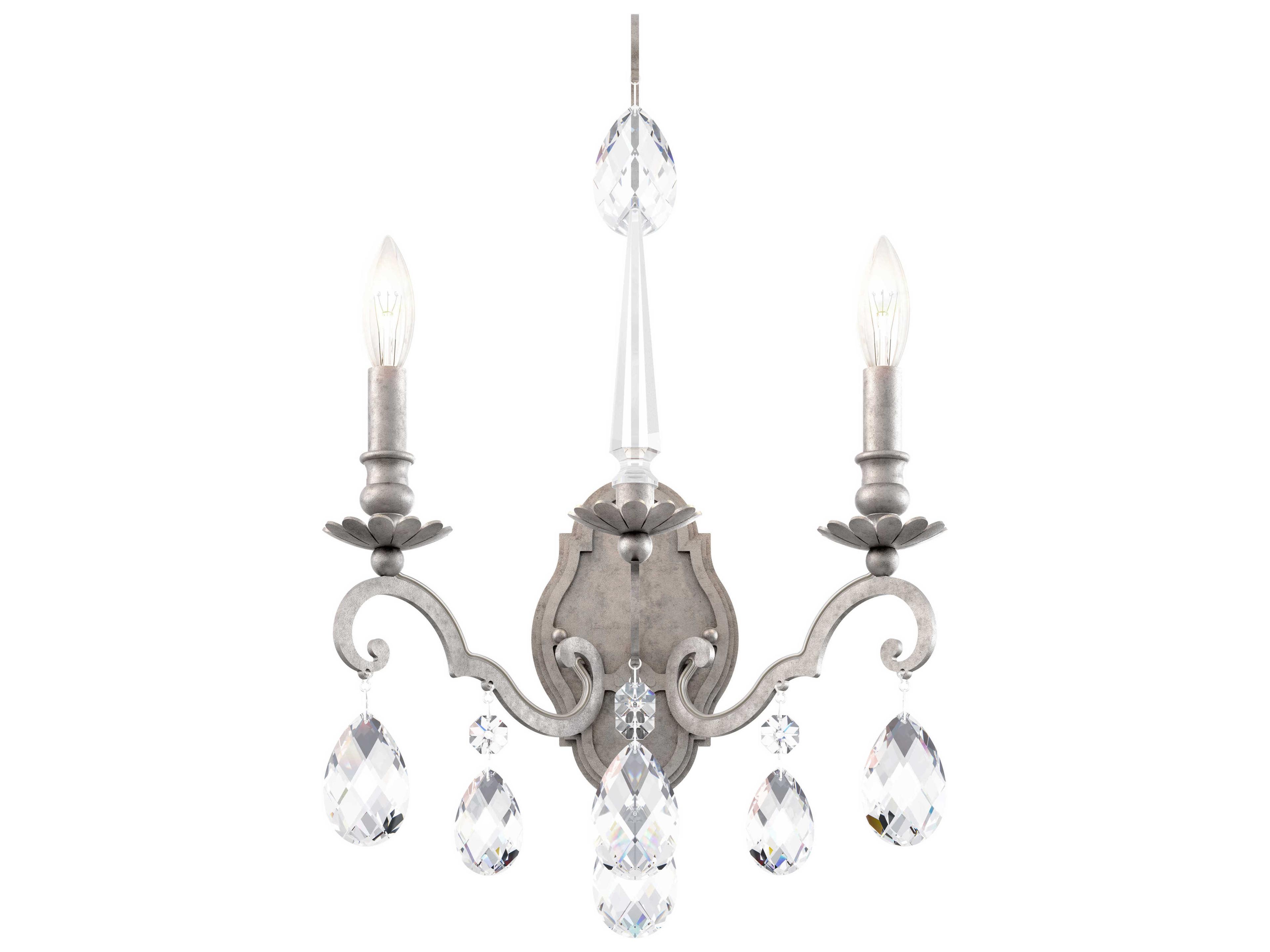 Renaissance Nouveau 2-Light Antique Silver Crystal Wall Sconce