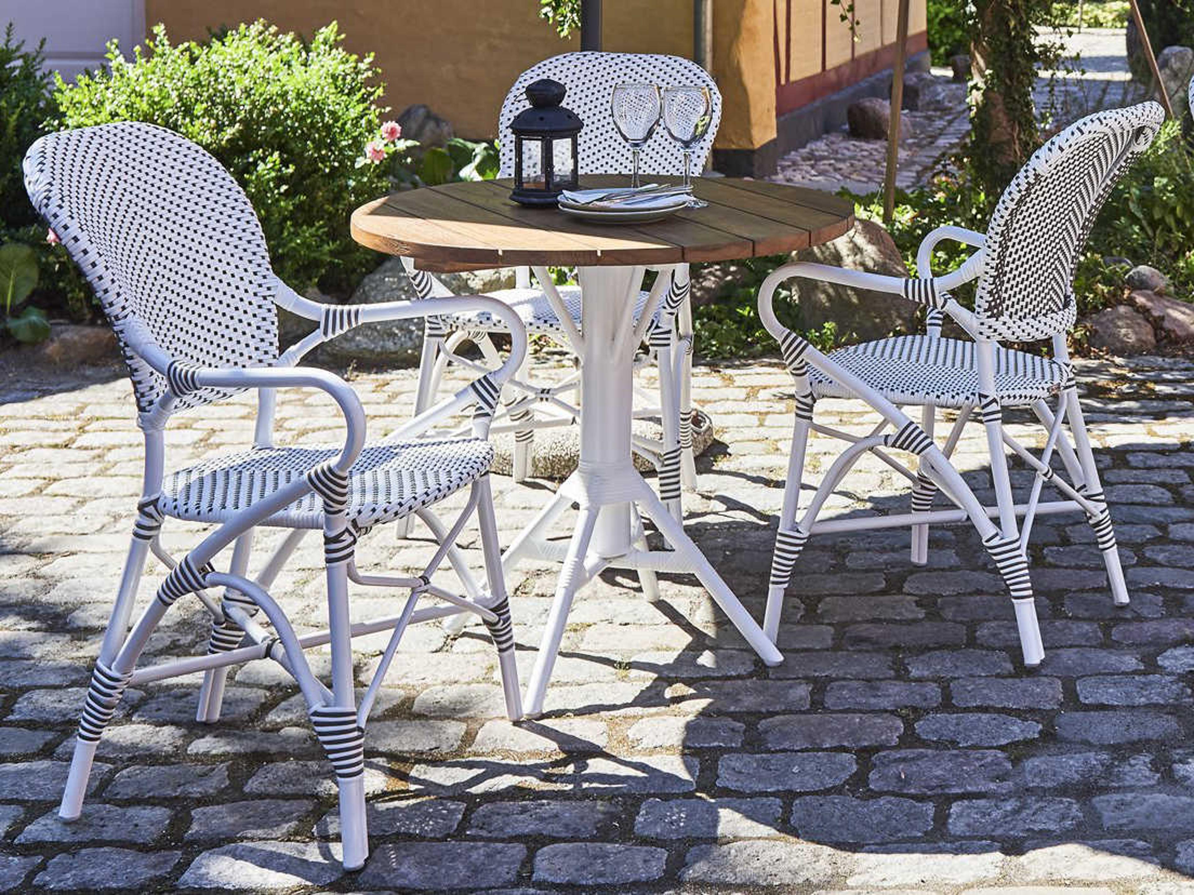 Sika Design Alu Affaire Aluminum White Stackable Isabell Patio Dining Arm Chair in White/Cappuccino Dots