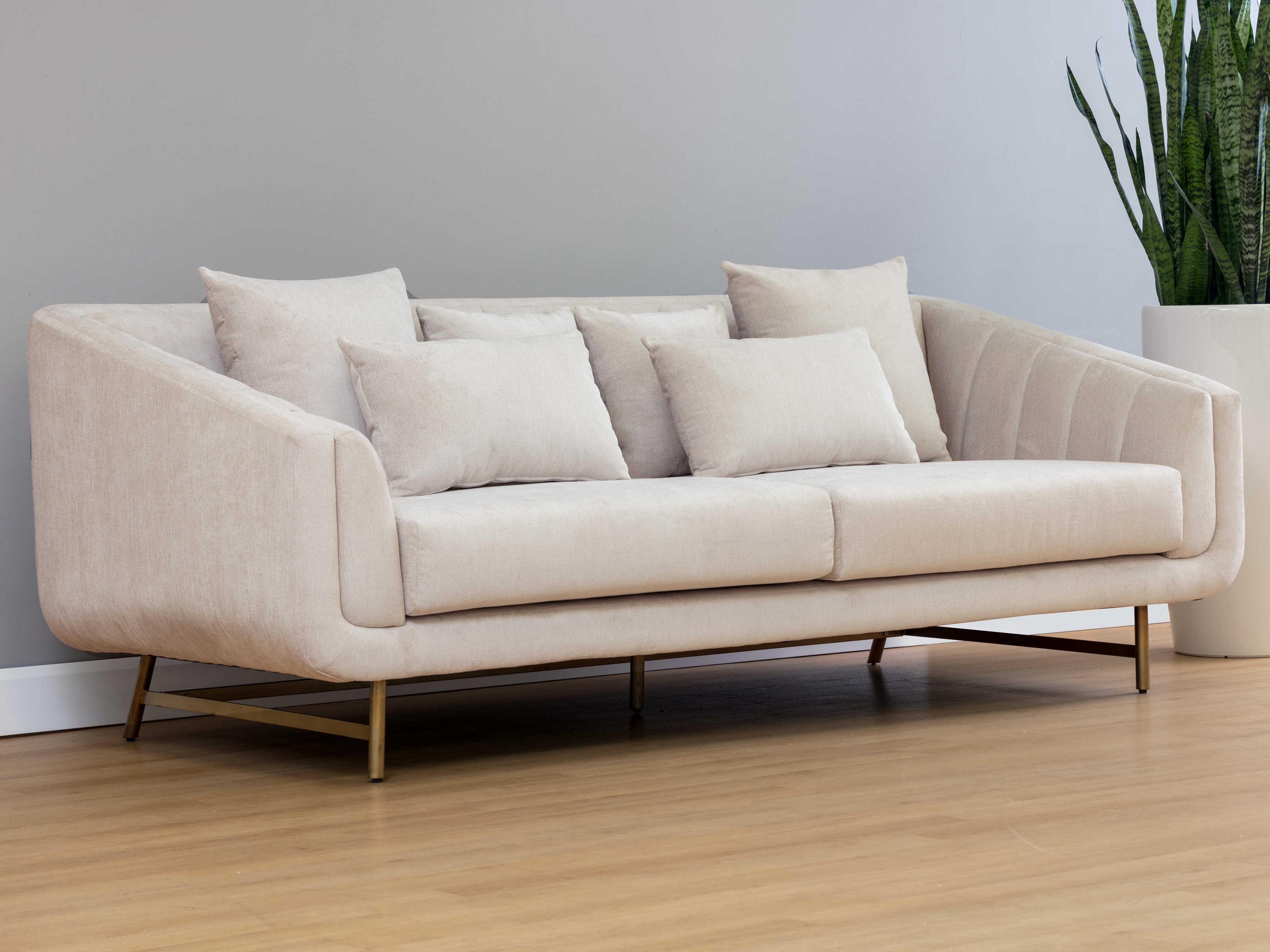 Sunpan Mixt Veera Polo Club Muslin Antique Brass Beige Upholstered Sofa