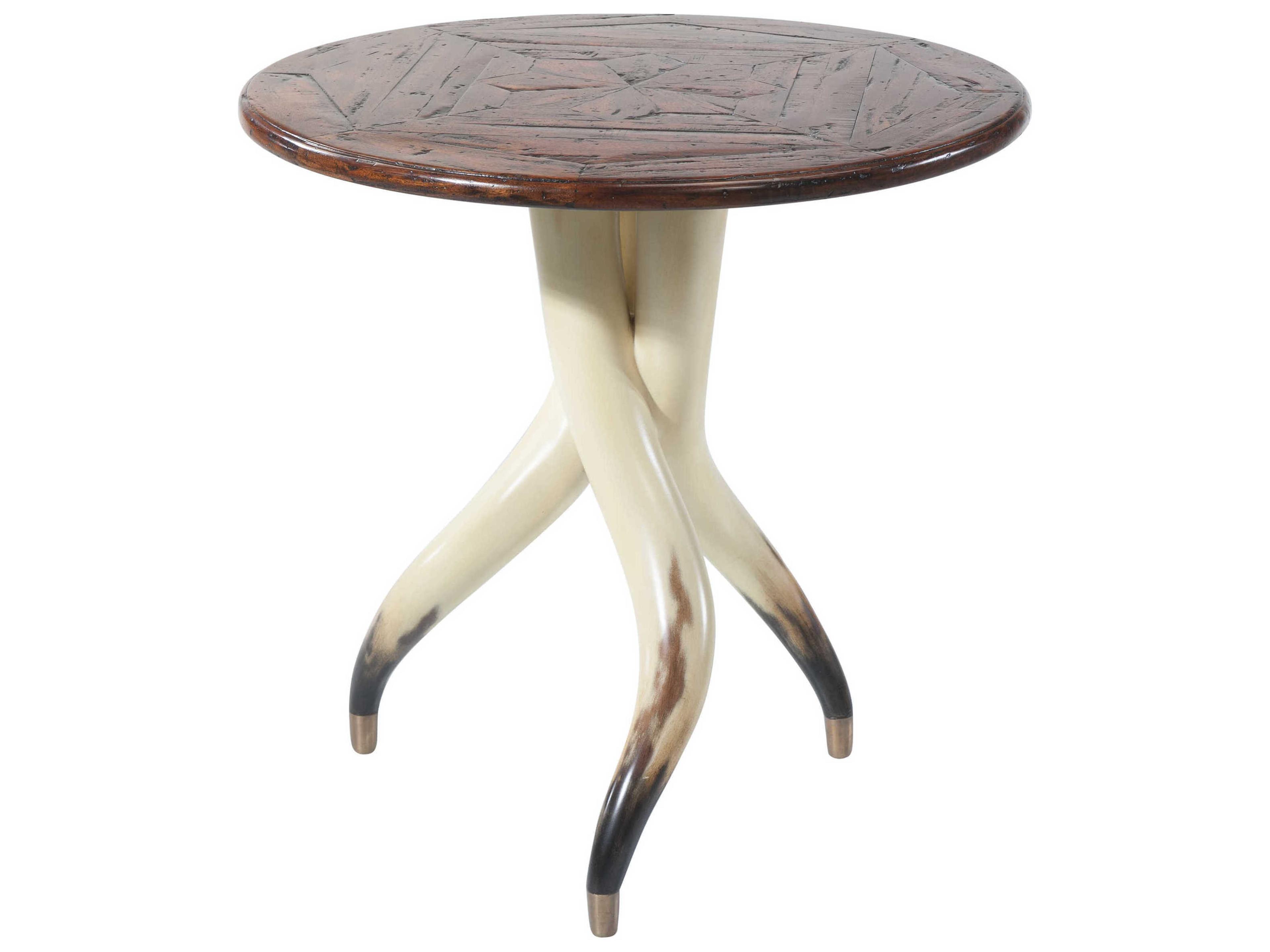 Castle Bromwich Round Wood Mahogany Faux Steer Horn Brass End Table