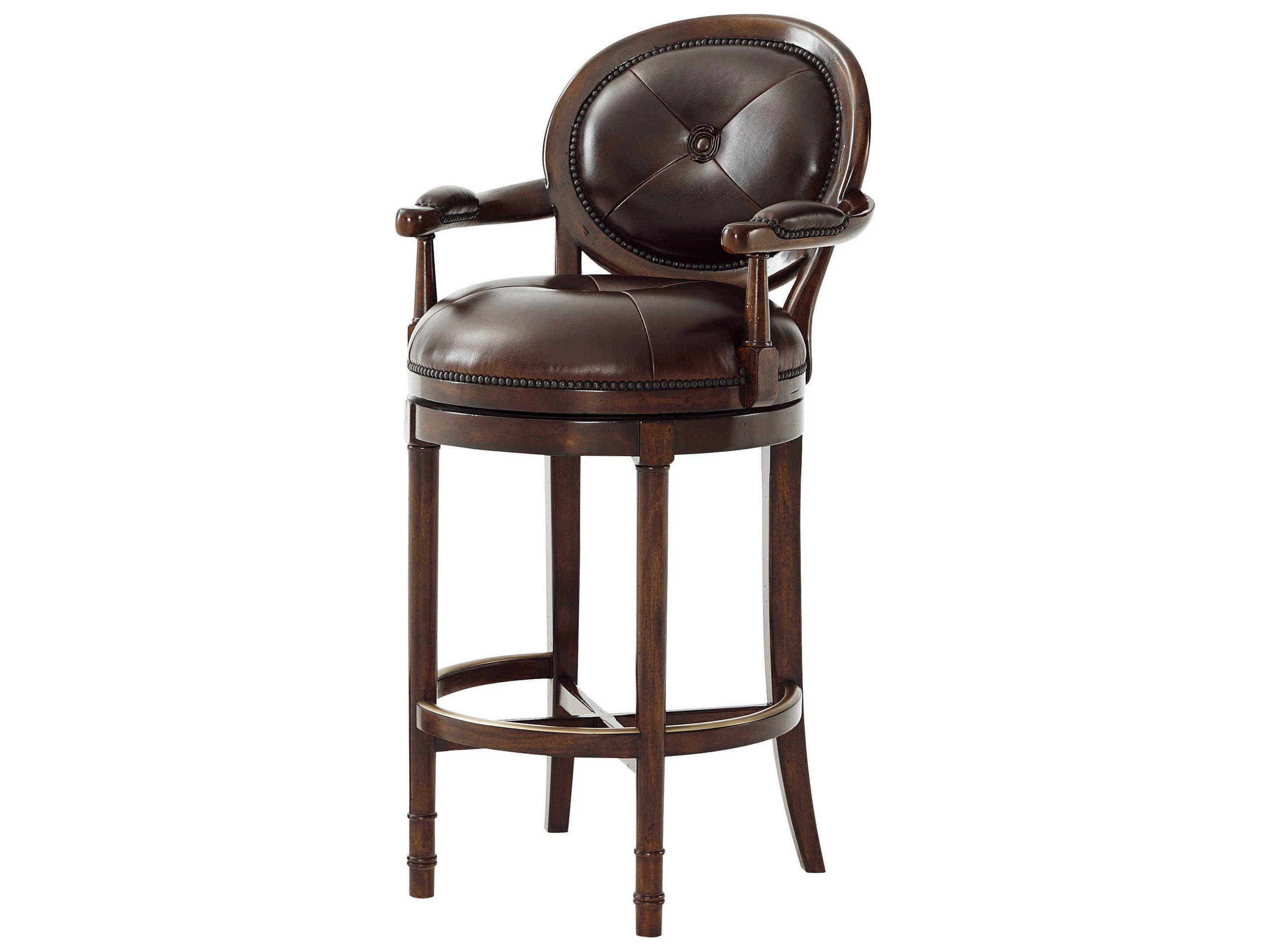 Theodore Alexander Classic Yet Casual Leather Swivel Upholstered Acacia Wood Brass Bar Stool