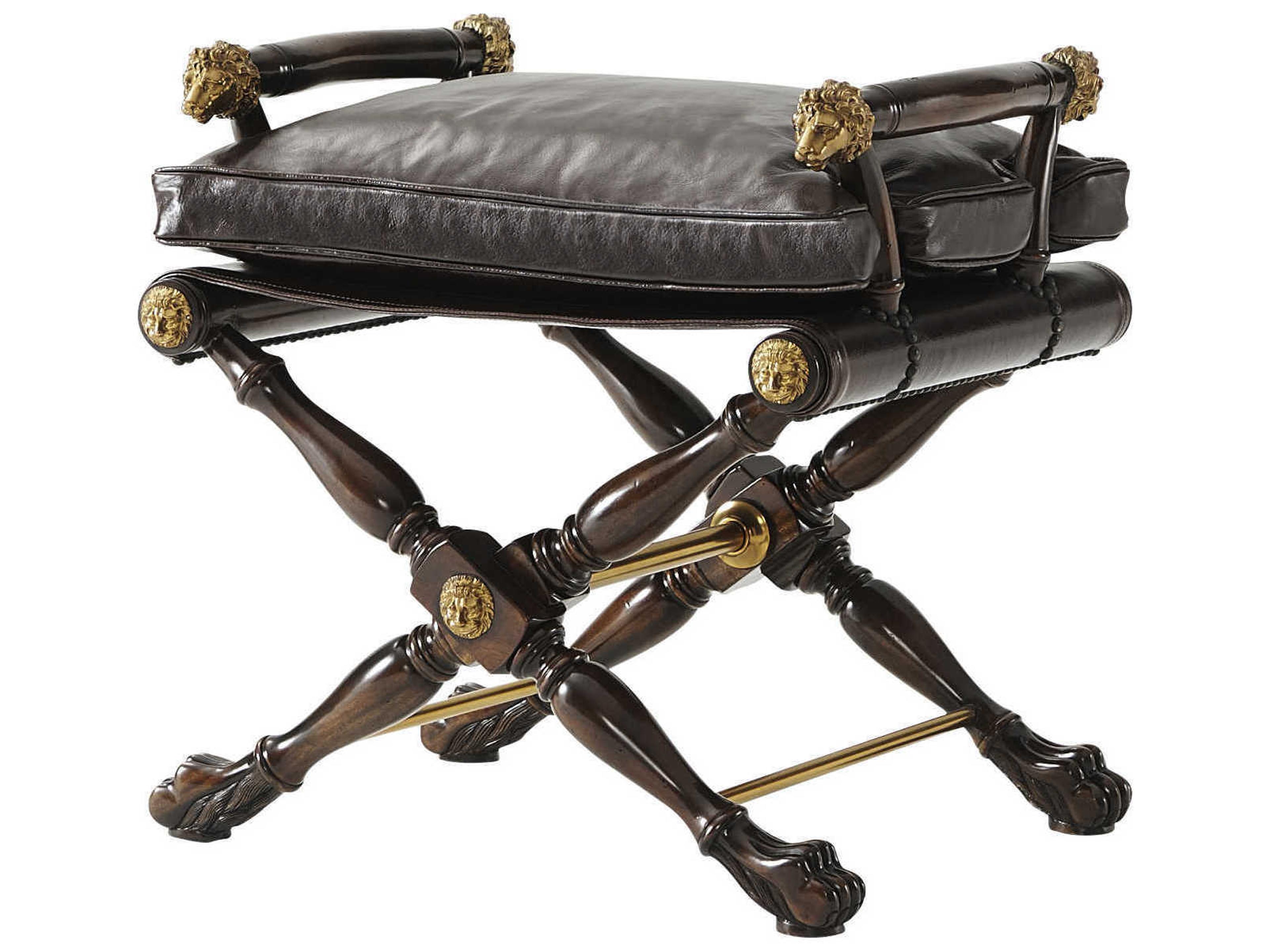 Essential Mahogany Brass Brown Leather Accent Stool