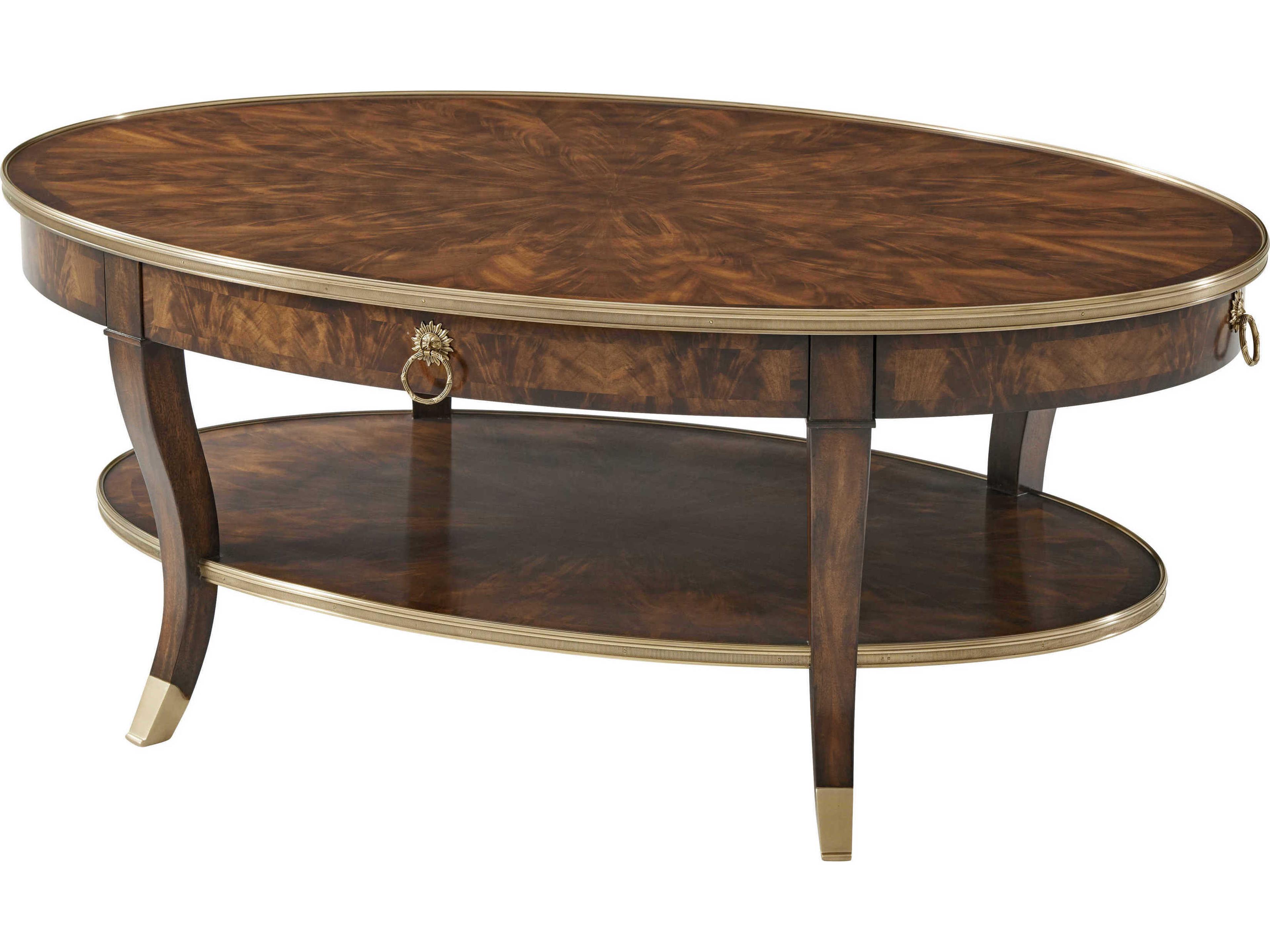 Theodore Alexander Essential Oval Wood Flame Figured Veneer Mahogany Brass Coffee Table