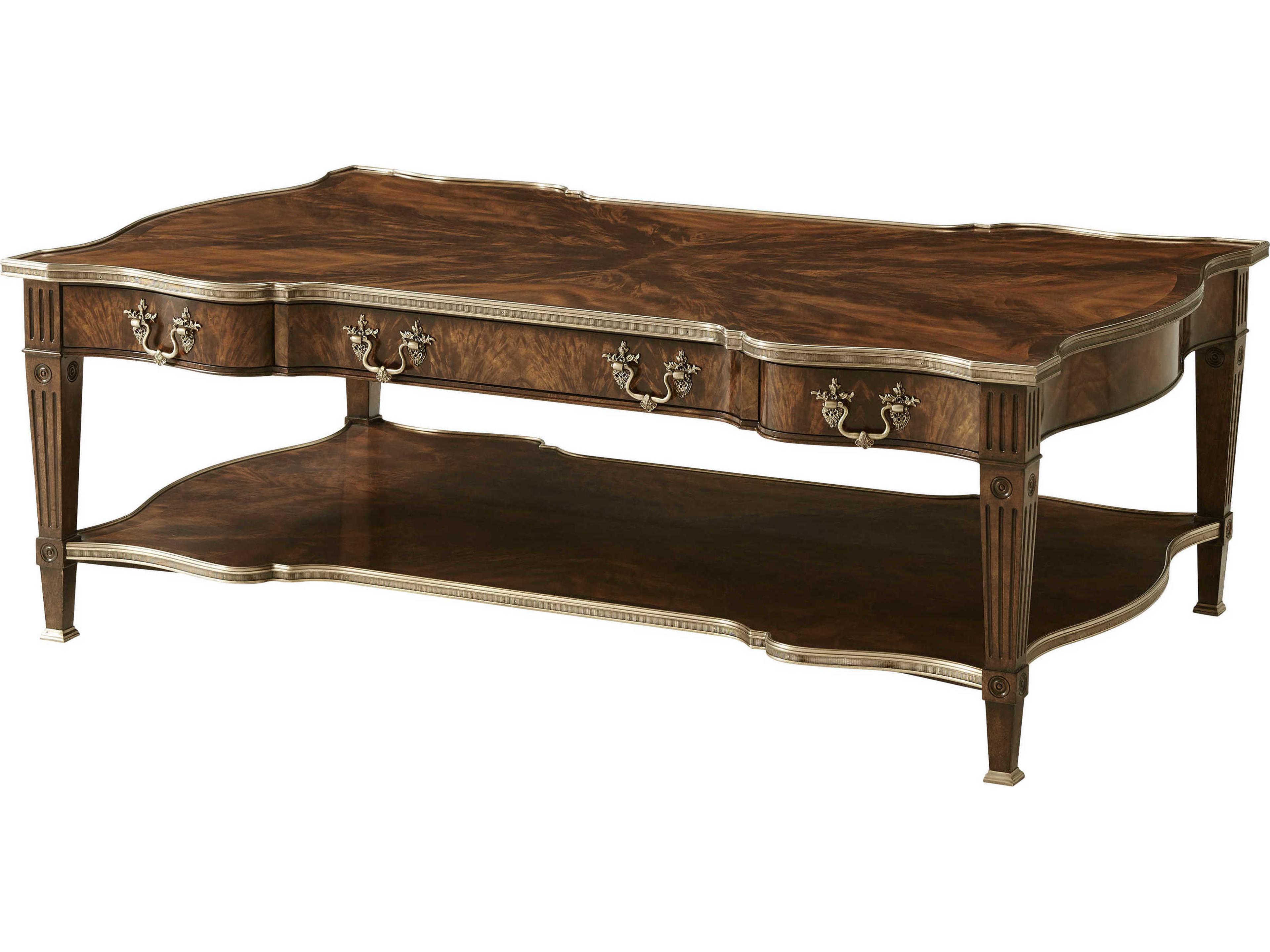 Essential Rectangular Wood Flame Figured Veneer Mahogany Brass Regal Cocktail Table
