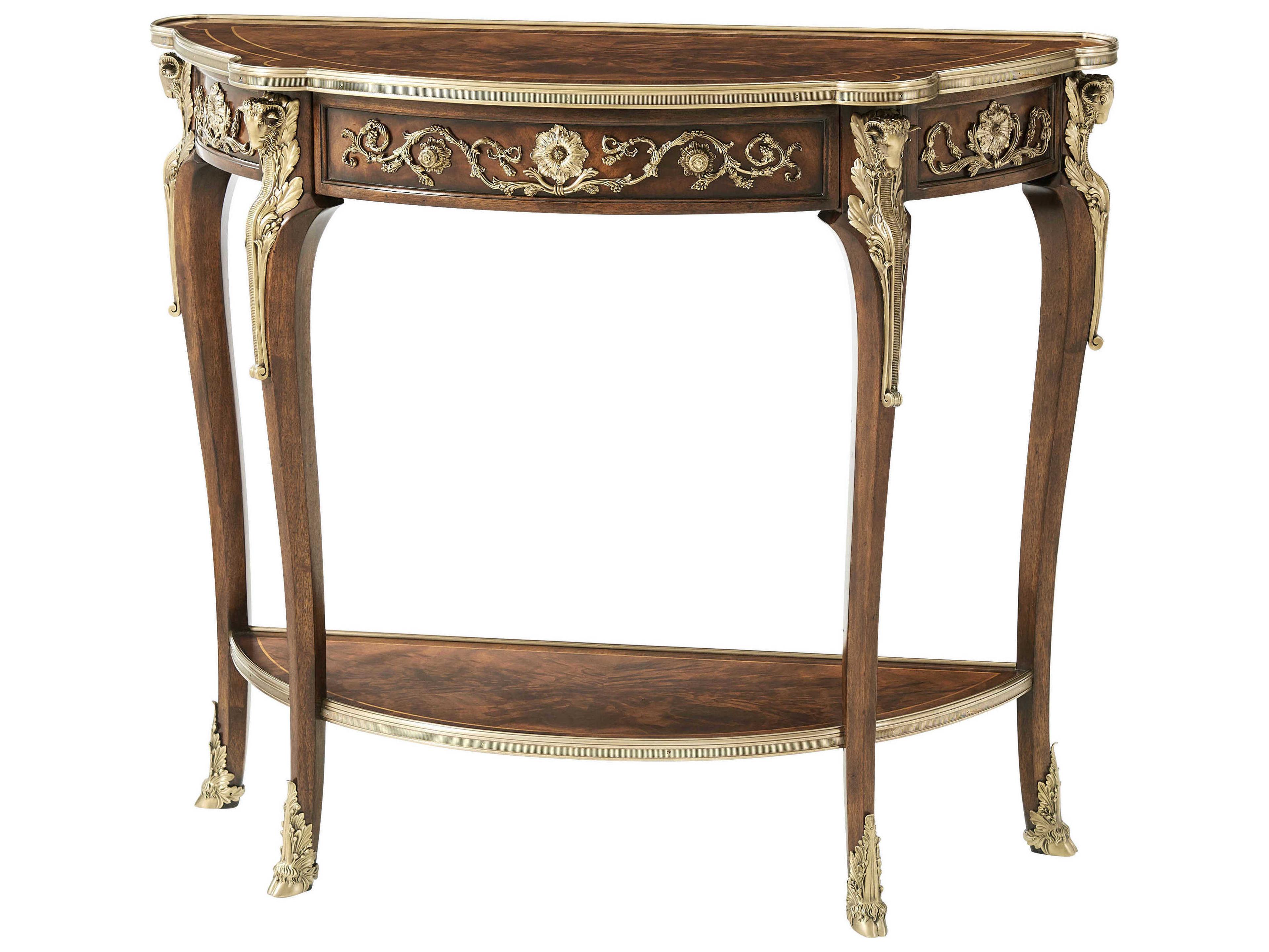 Essential Demilune Wood Flame Figured Veneer Brass Morado Console Table