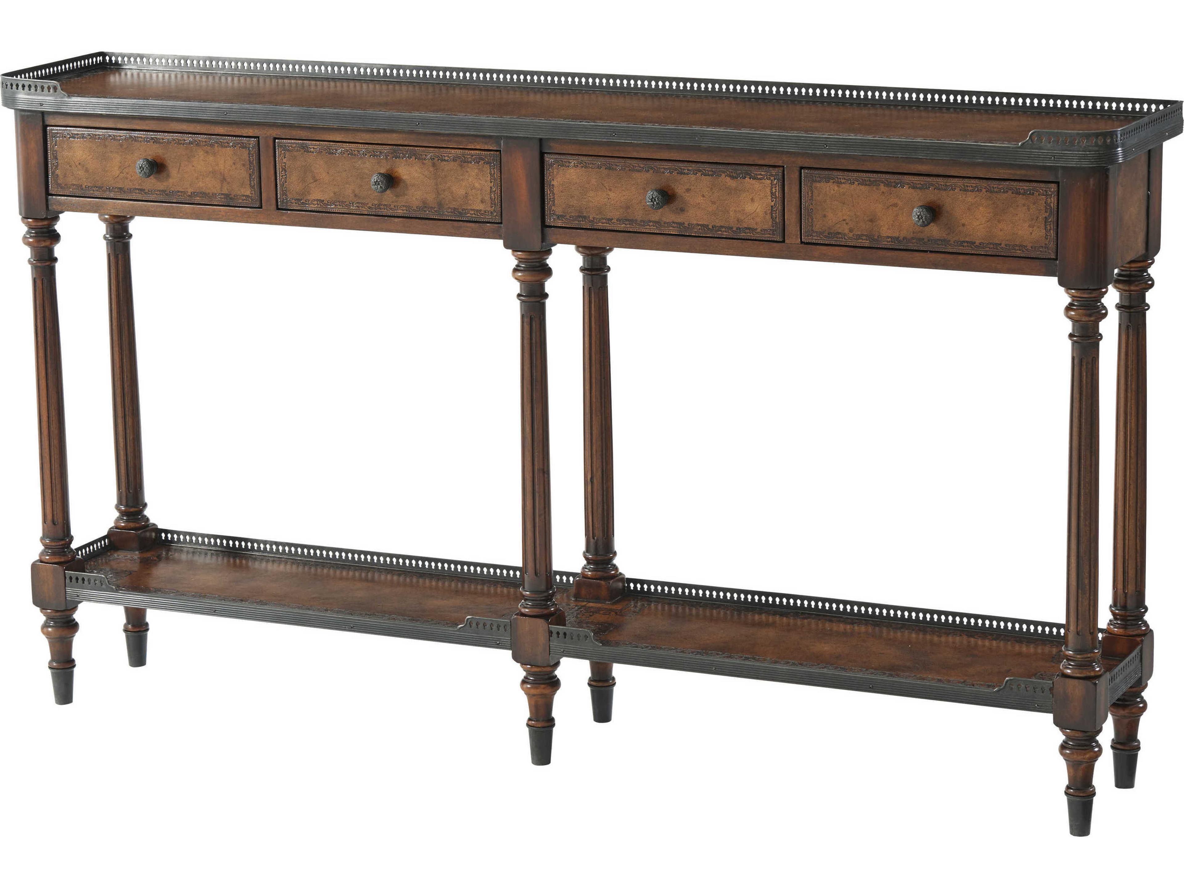 Essential Rectangular Buffalo Brown Leather Walnut Verdigris Brass Console Table
