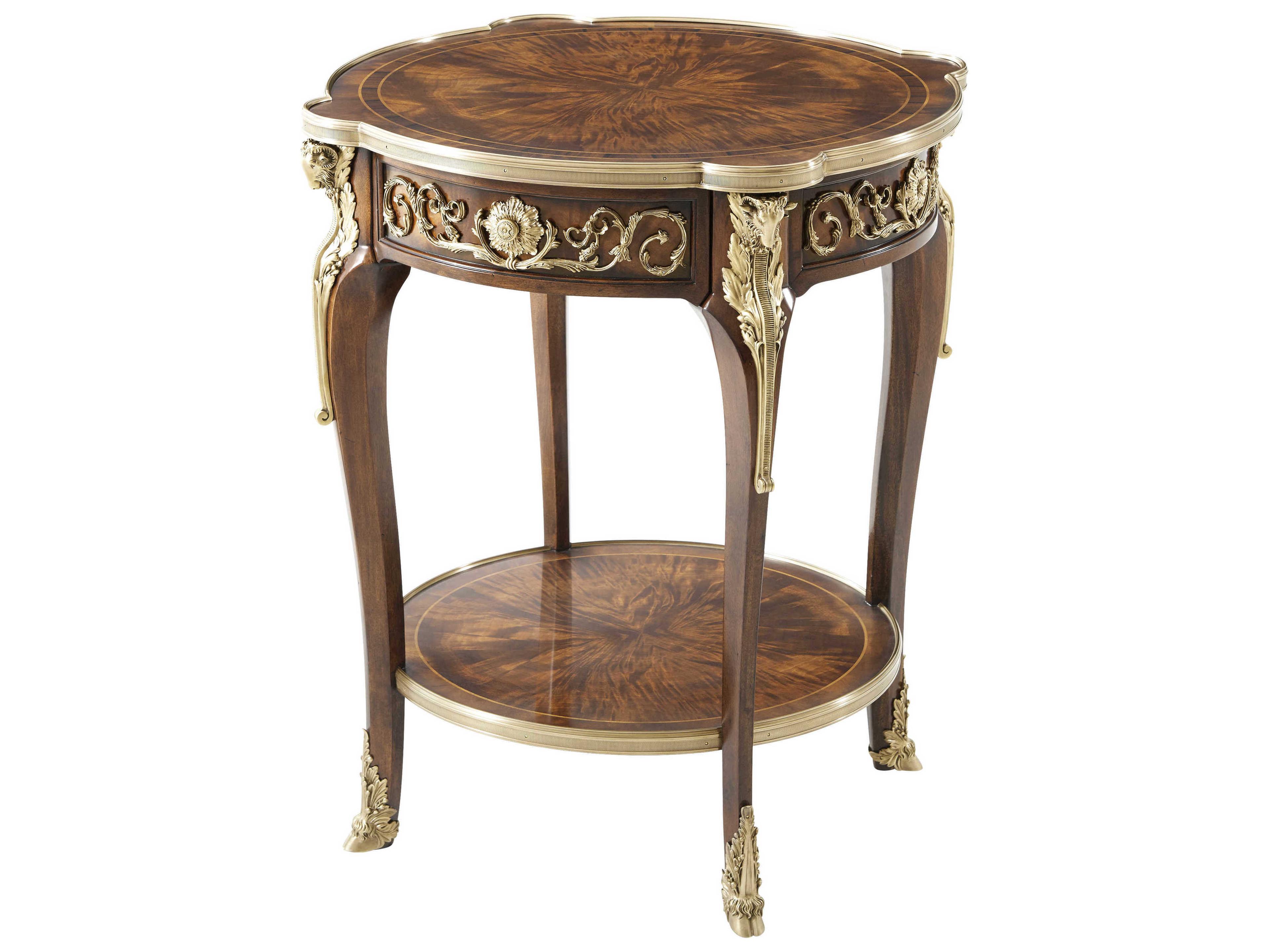 Essential Round Wood Flame Figured Veneer Mahogany Brass End Table