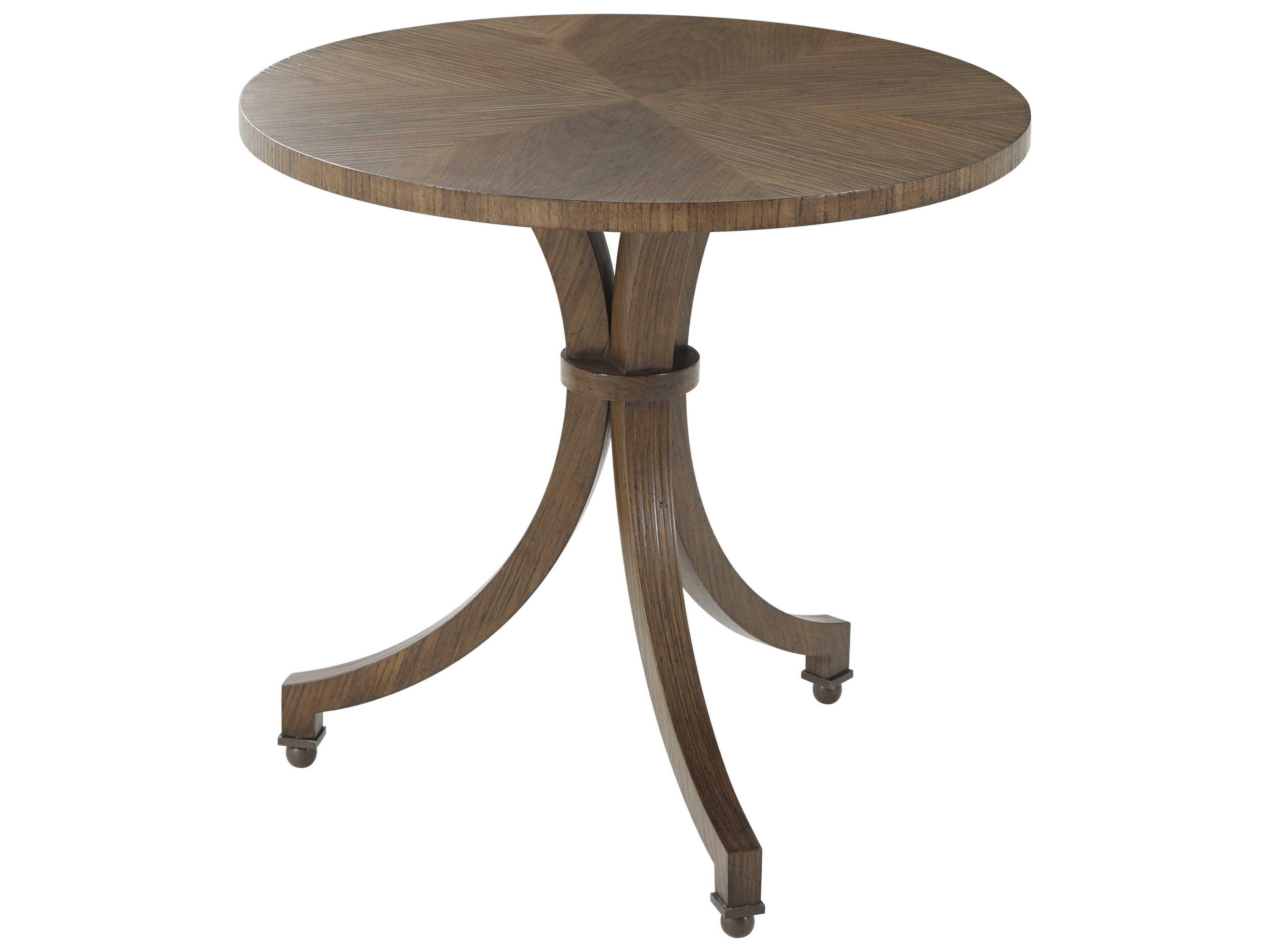 Theodore Alexander Noda Round Wood Walnut Veneer Brass End Table