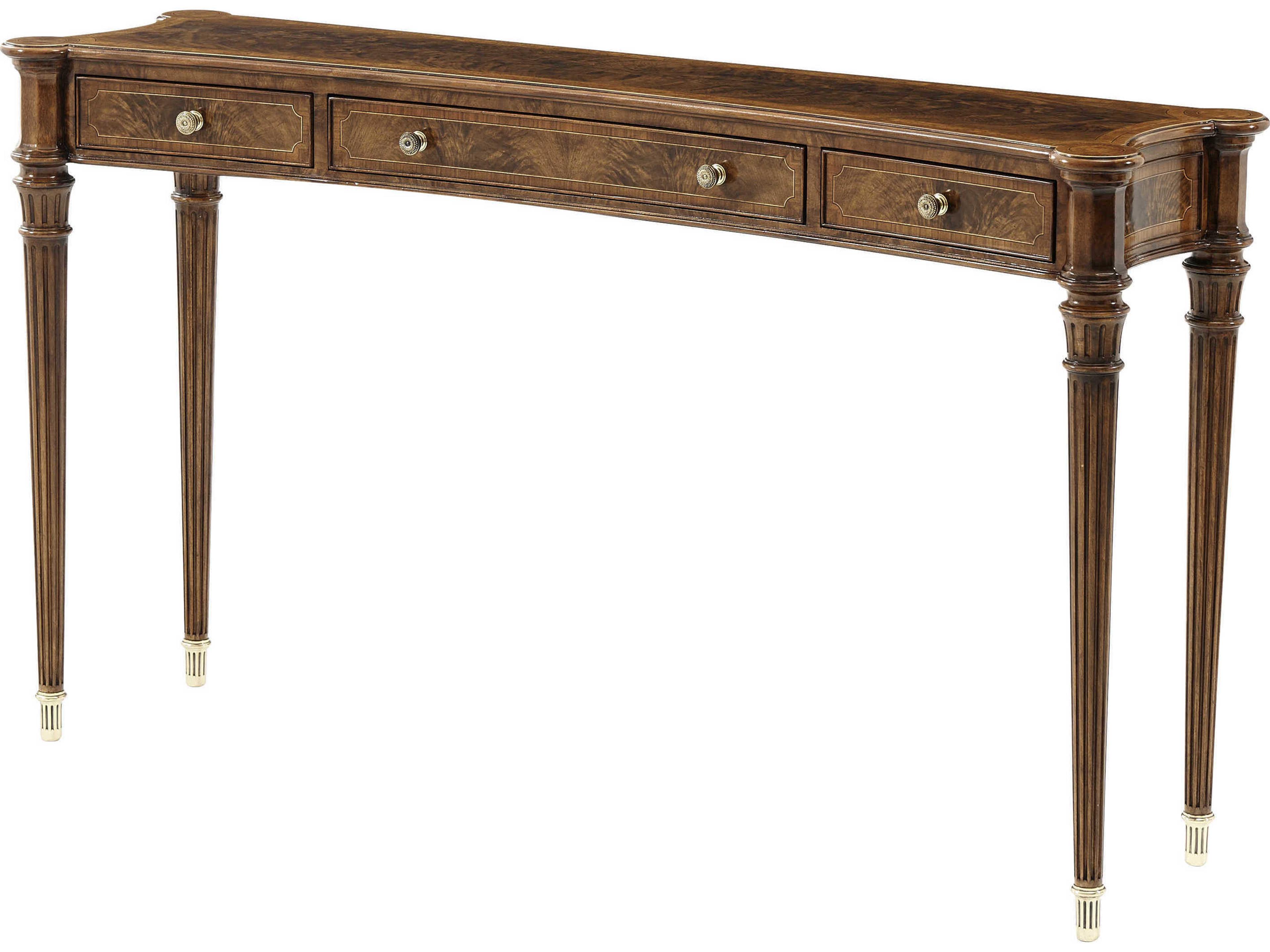 The English Cabinet Maker Rectangular Wood Flame Walnut Veneer Yew Burl Brass Console Table