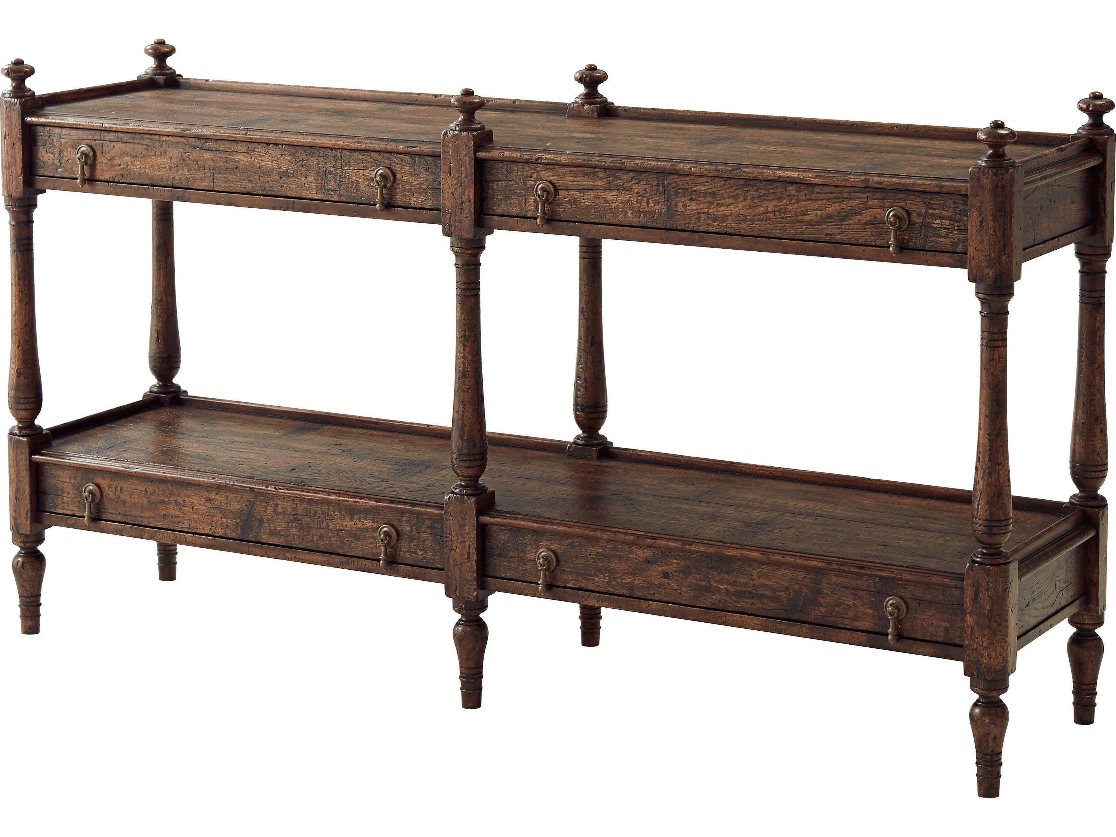 Victory Oak Rectangular Wood Reclaimed Veneer Mahogany Brass Console Table