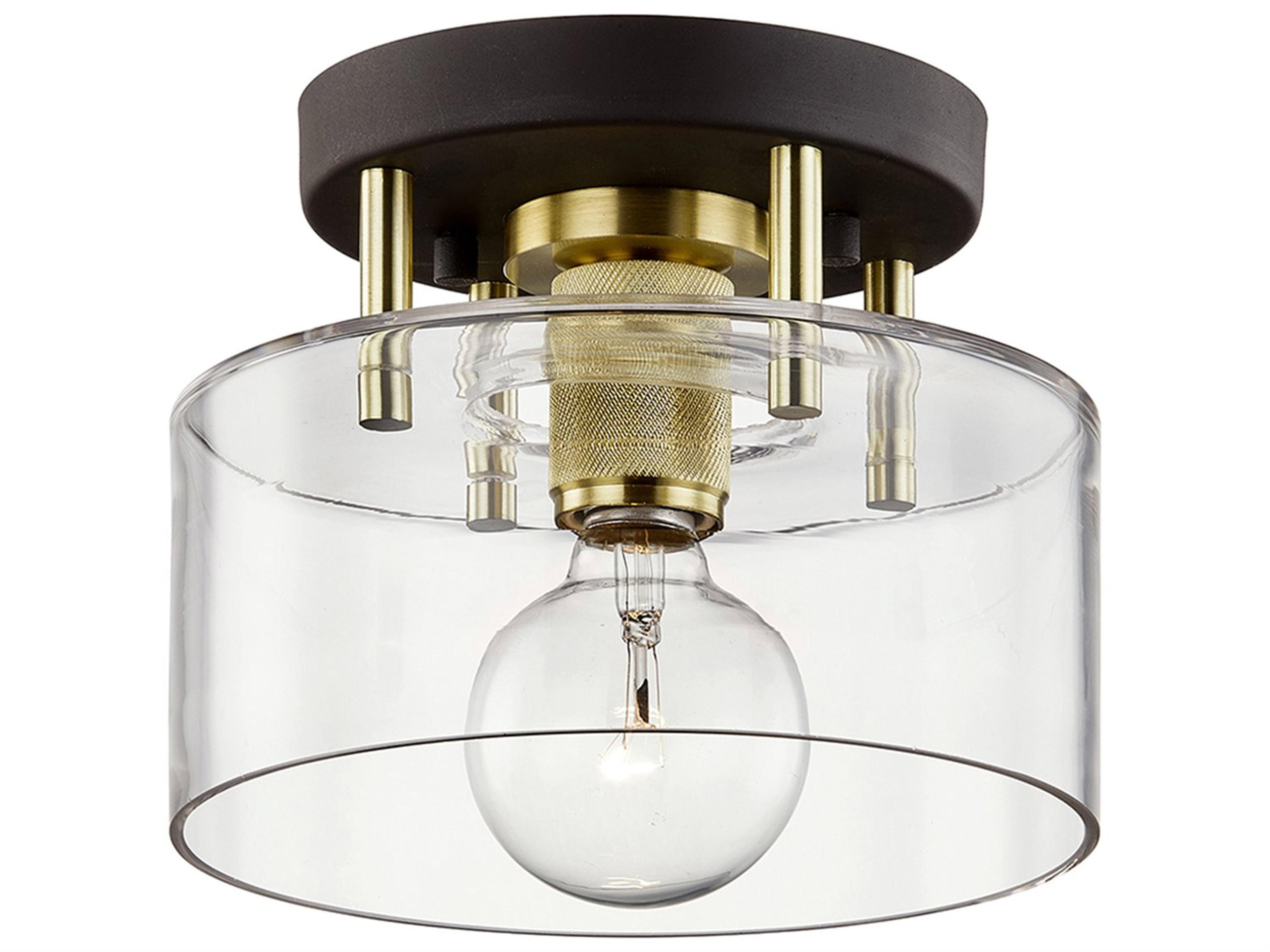 Bergamot Station 1-Light Bronze Brass Glass Drum Semi Flush Mount