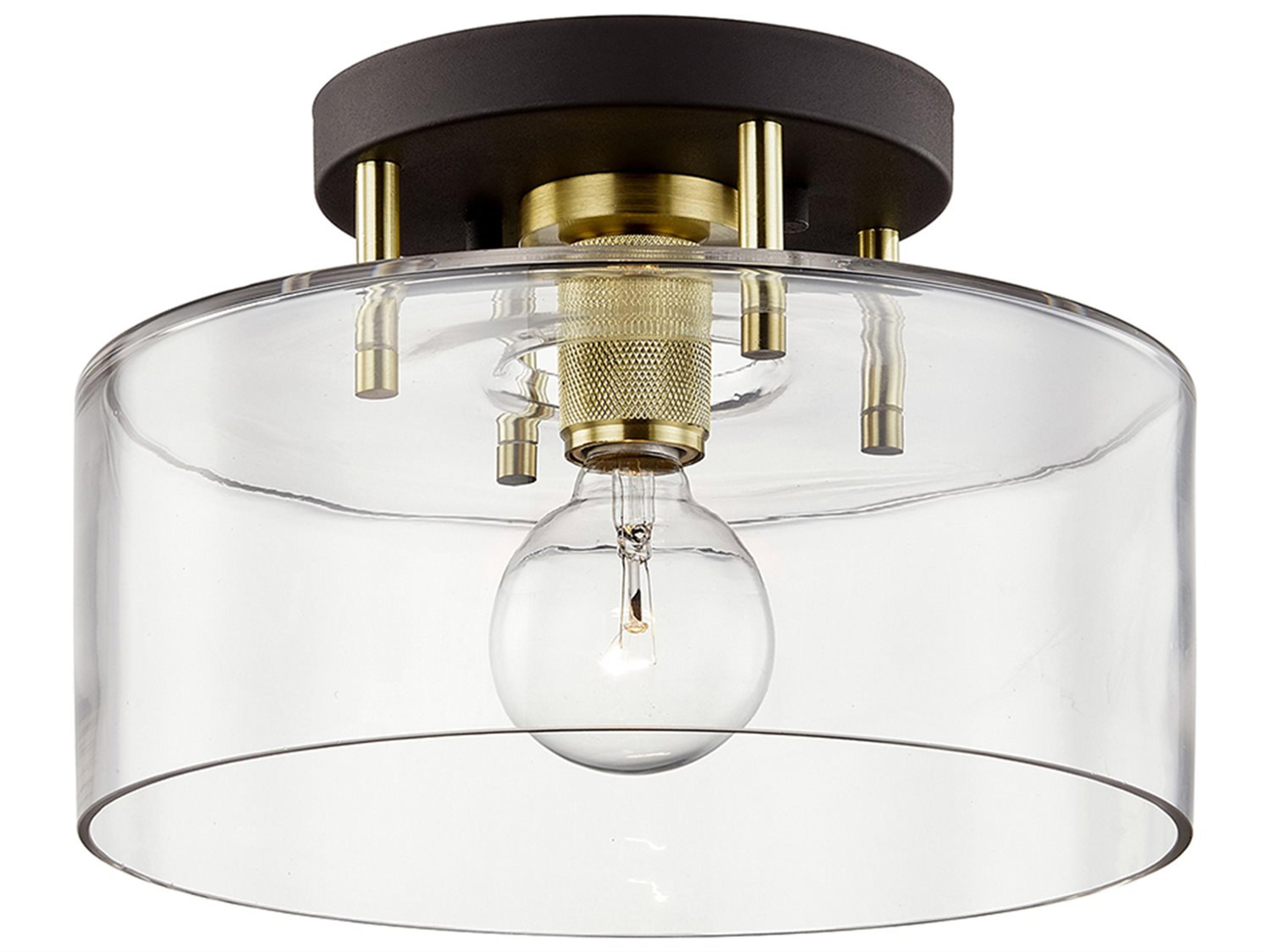 Bergamot Station 1-Light Bronze Brass Glass Drum Semi Flush Mount