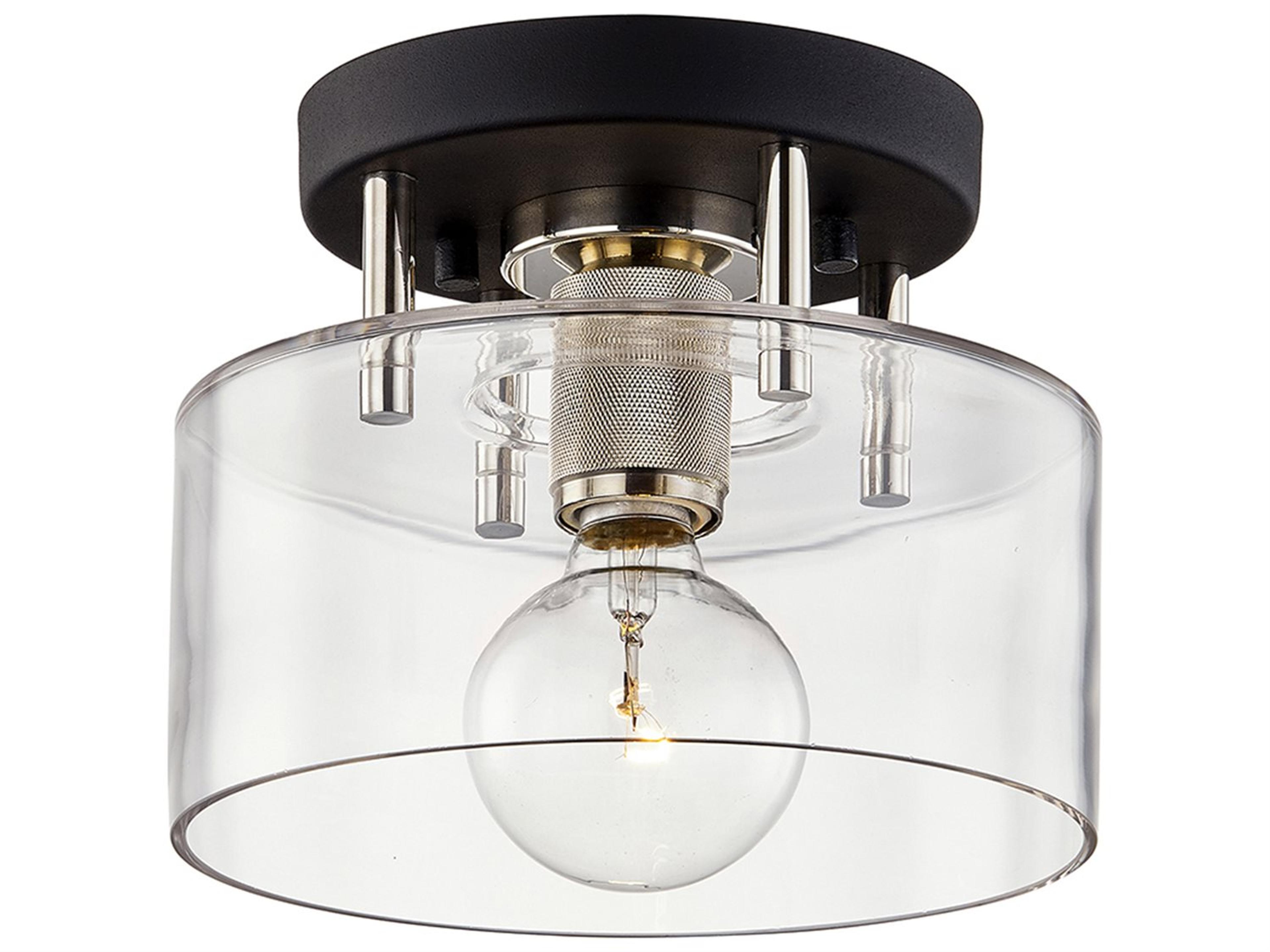 Bergamot Station 1-Light Carbide Black Polished Nickel Glass Drum Semi Flush Mount