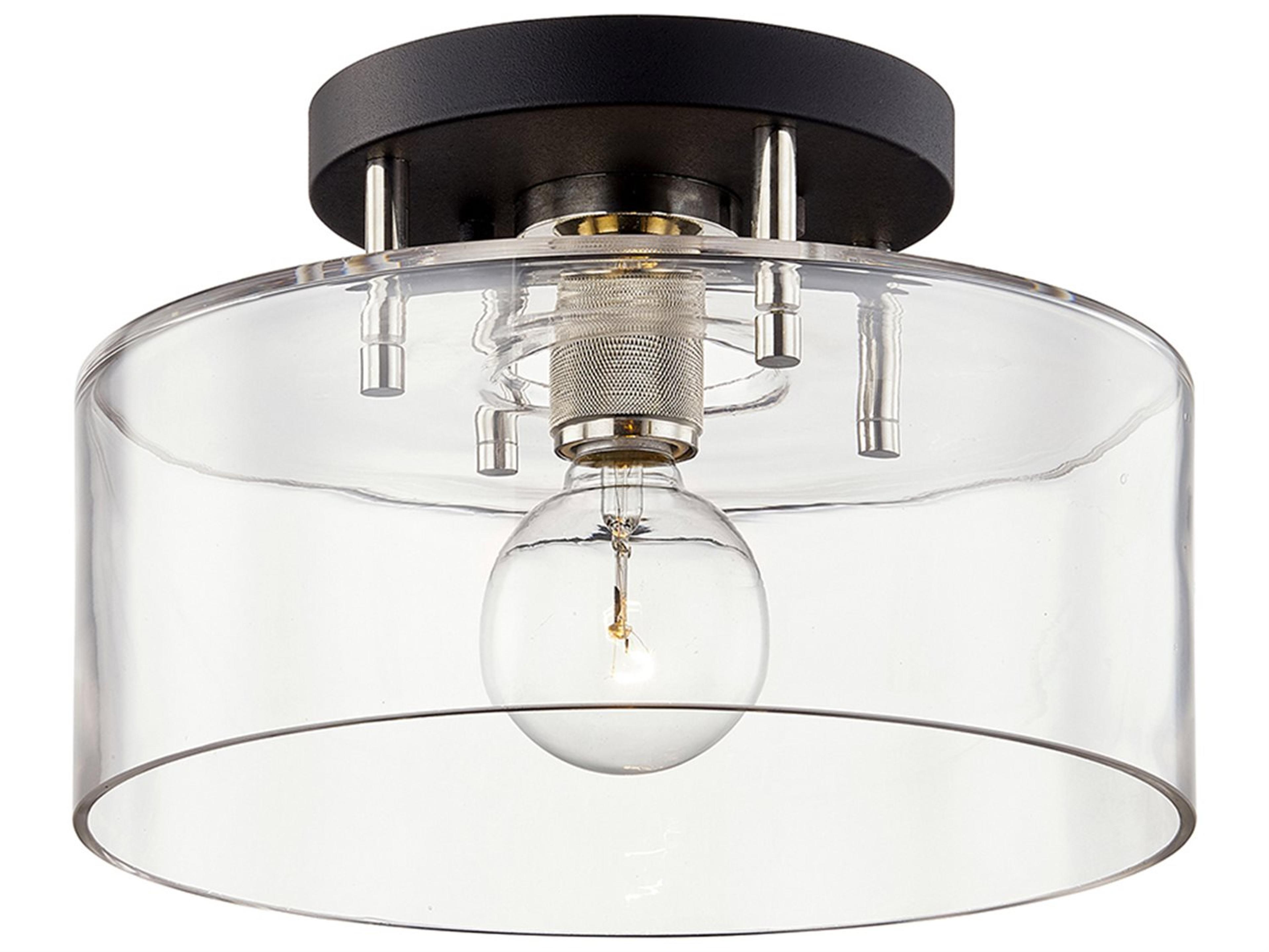 Bergamot Station 1-Light Carbide Black Polished Nickel Glass Drum Semi Flush Mount