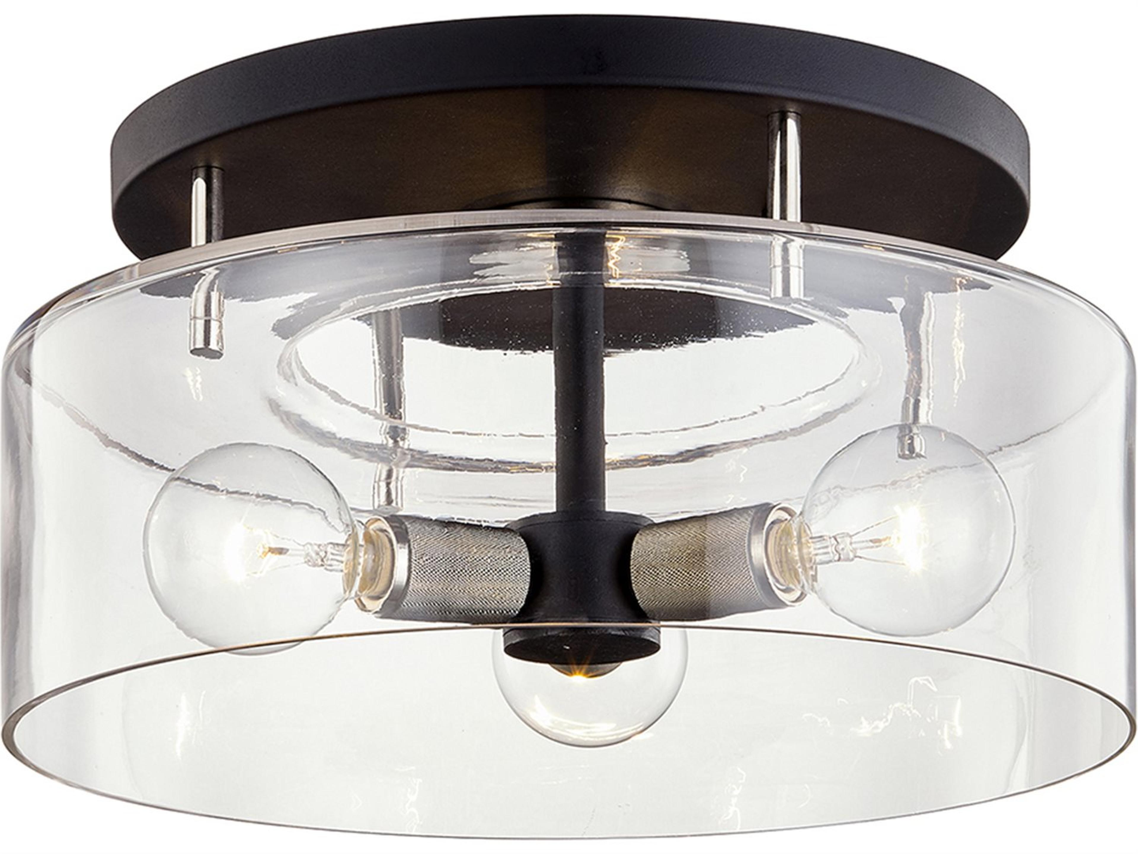 Bergamot Station 3-Light Carbide Black Polished Nickel Glass Drum Semi Flush Mount