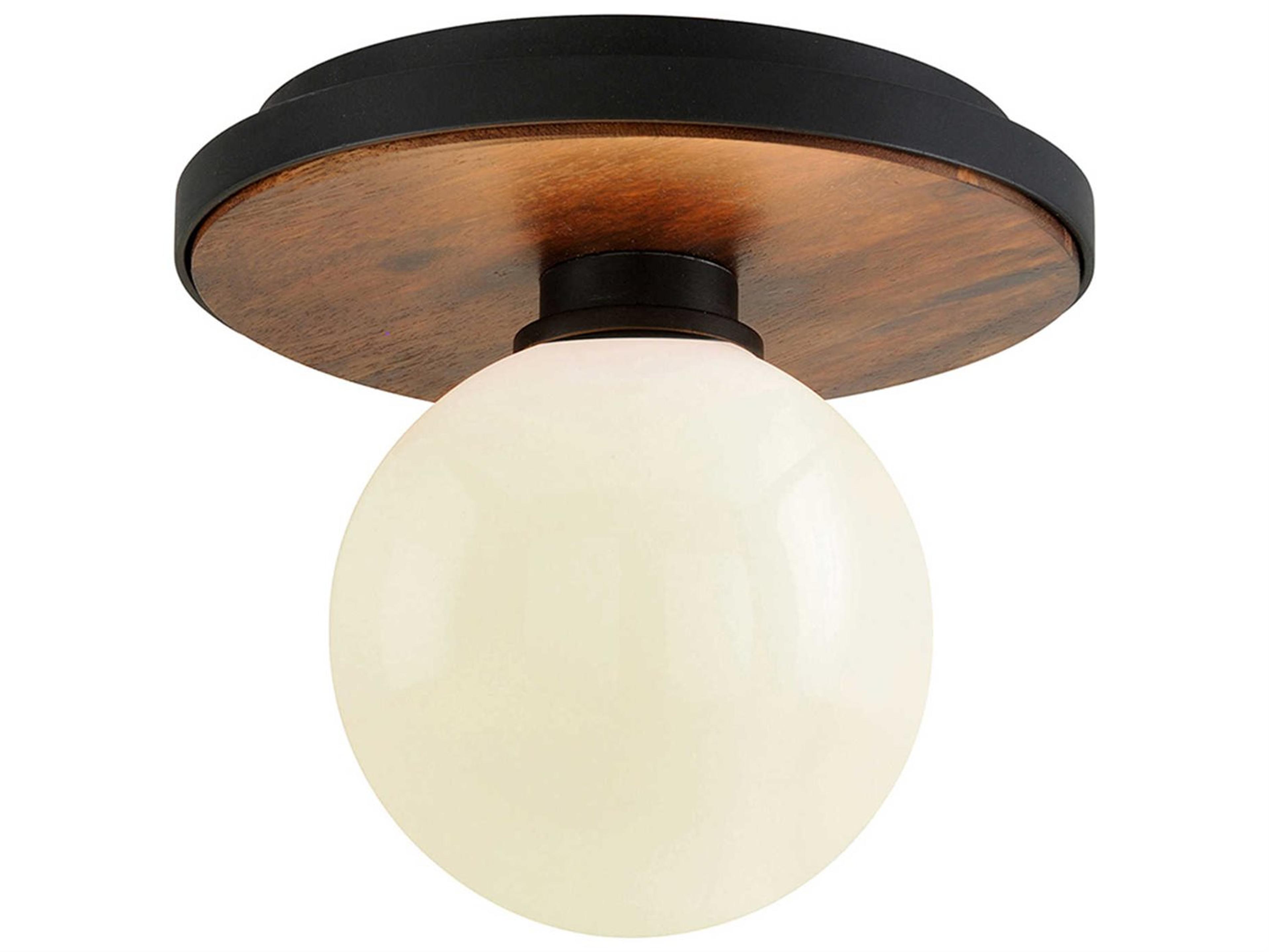 Cadet 1-Light Black Natural Acacia Brown Glass Globe Flush Mount