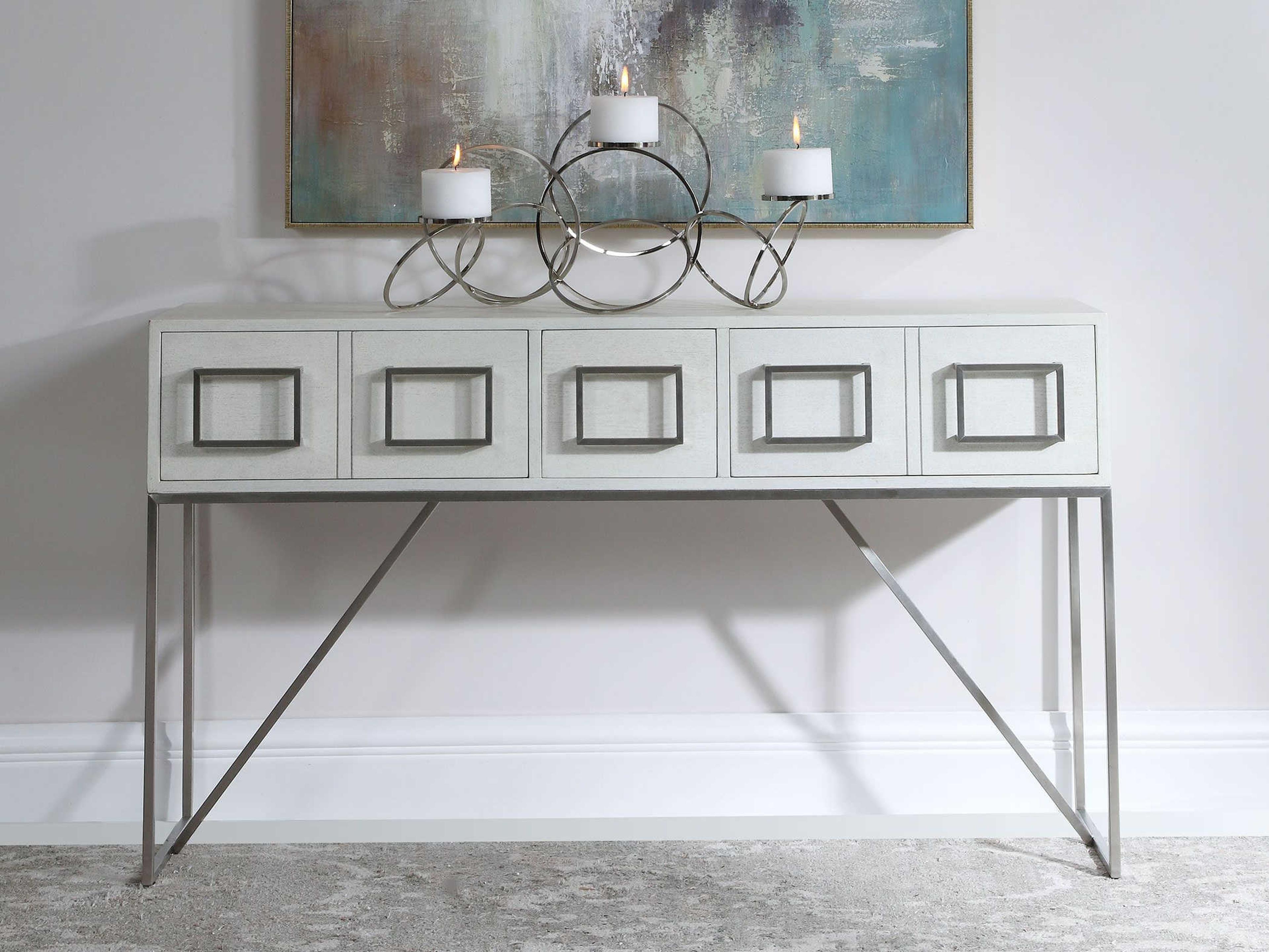 Uttermost Abaya Rectangular Wood Soft White With Light Gray Brushed Nickel Console Table