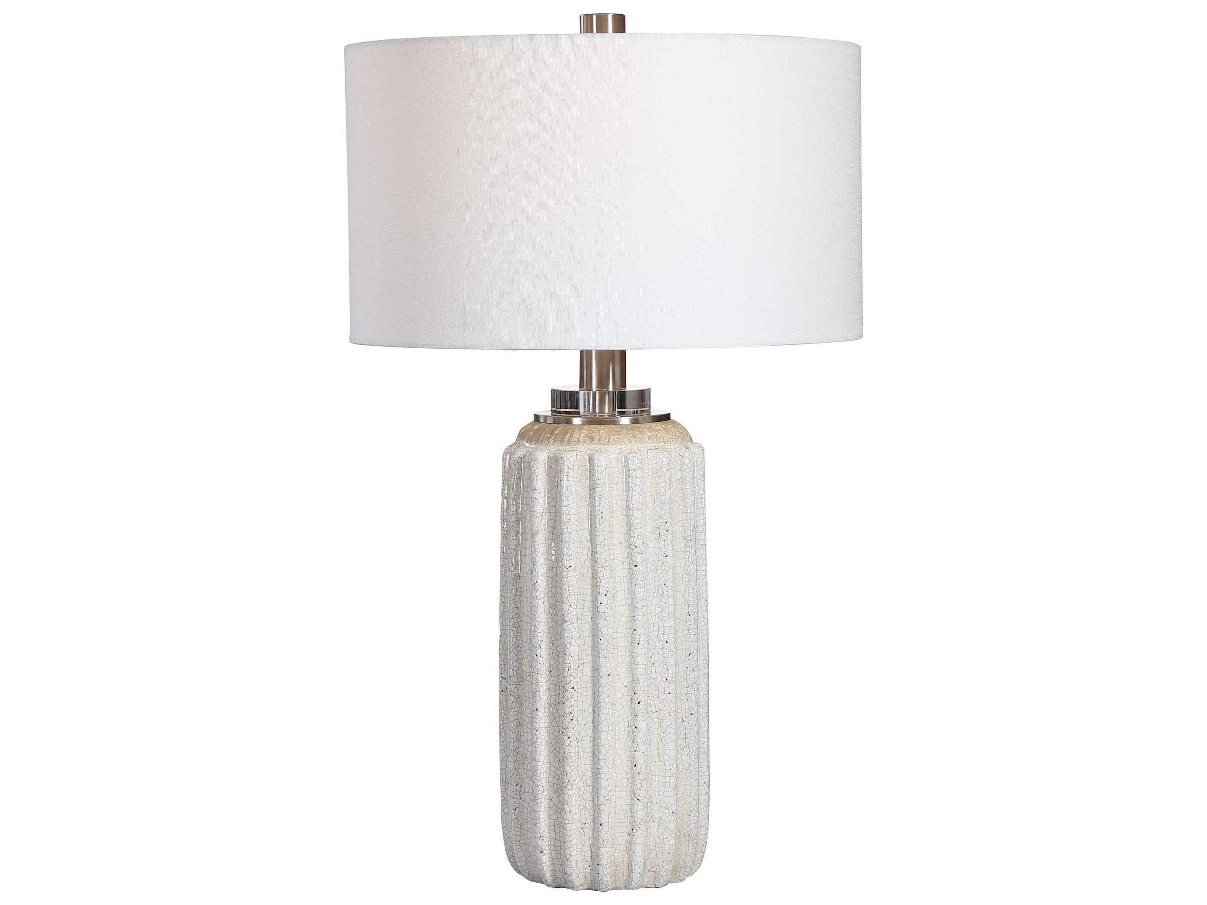 Azariah Crystal Distressed Cream Beige Round Hardback Drum White Buffet Lamp