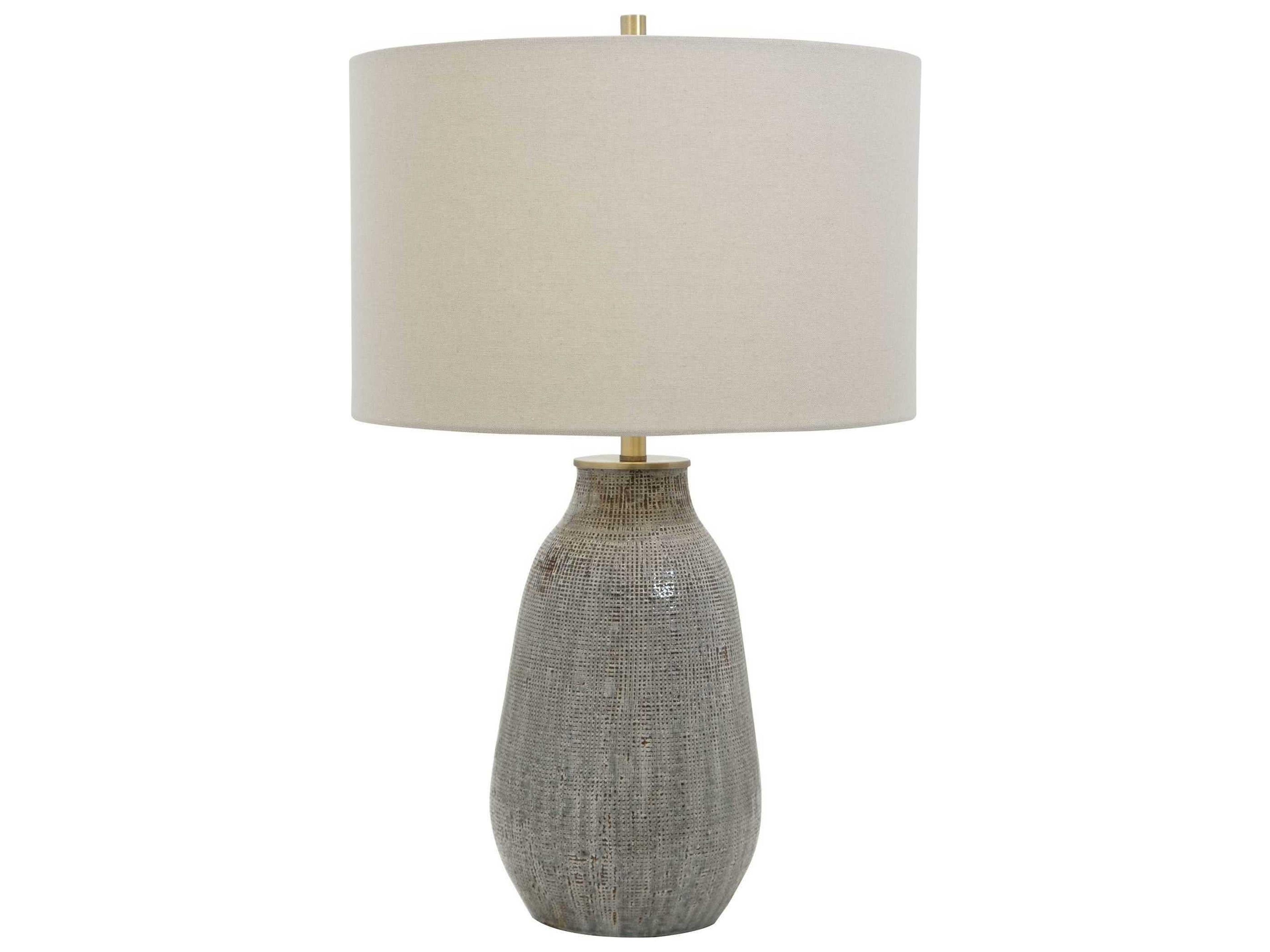 Monacan Gray Textured Table Lamp with Off-White Drum Shade