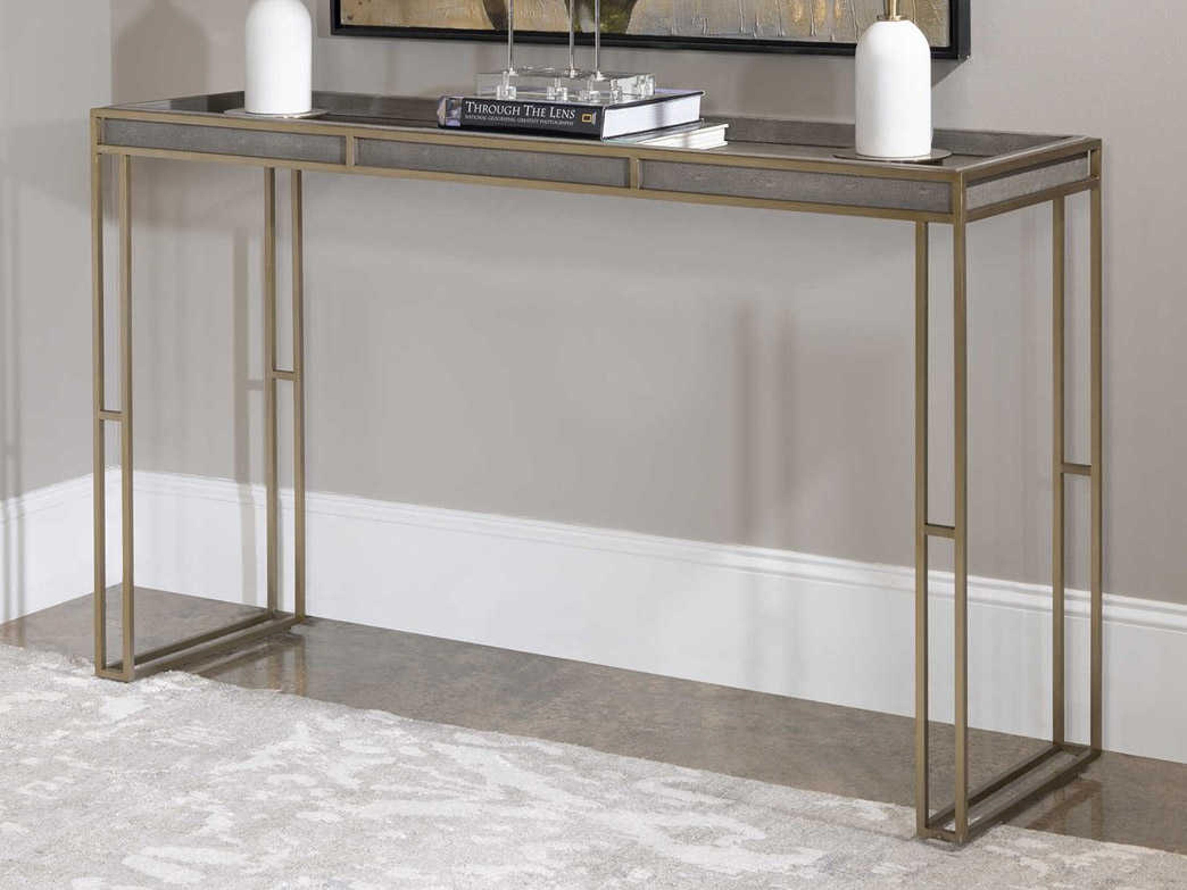 Uttermost Cardew Modern Rectangular Faux Leather Charcoal Gray Brushed Brass Console Table