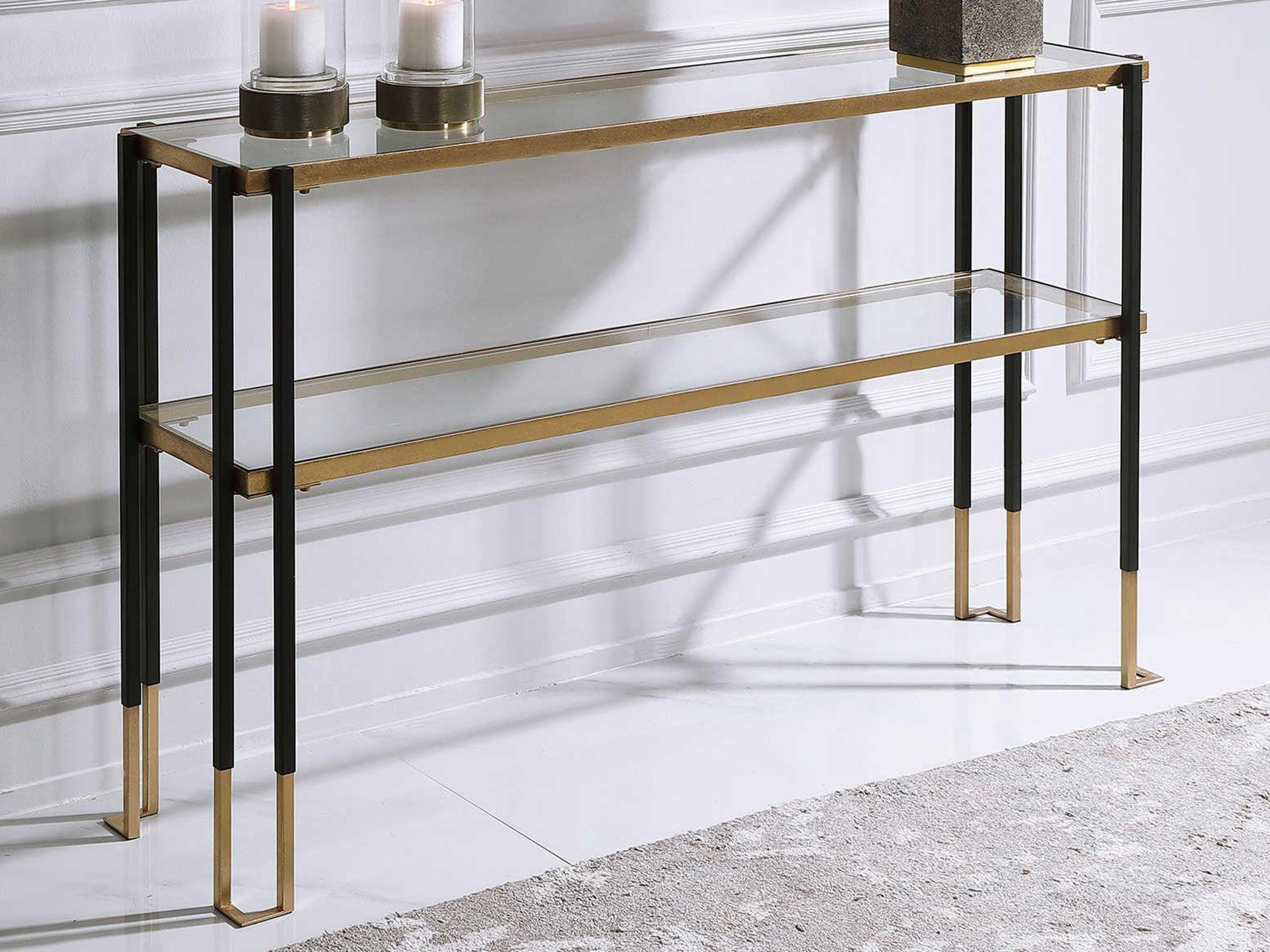 Uttermost Kentmore Modern Rectangular Glass Matte Black Brushed Gold Console Table