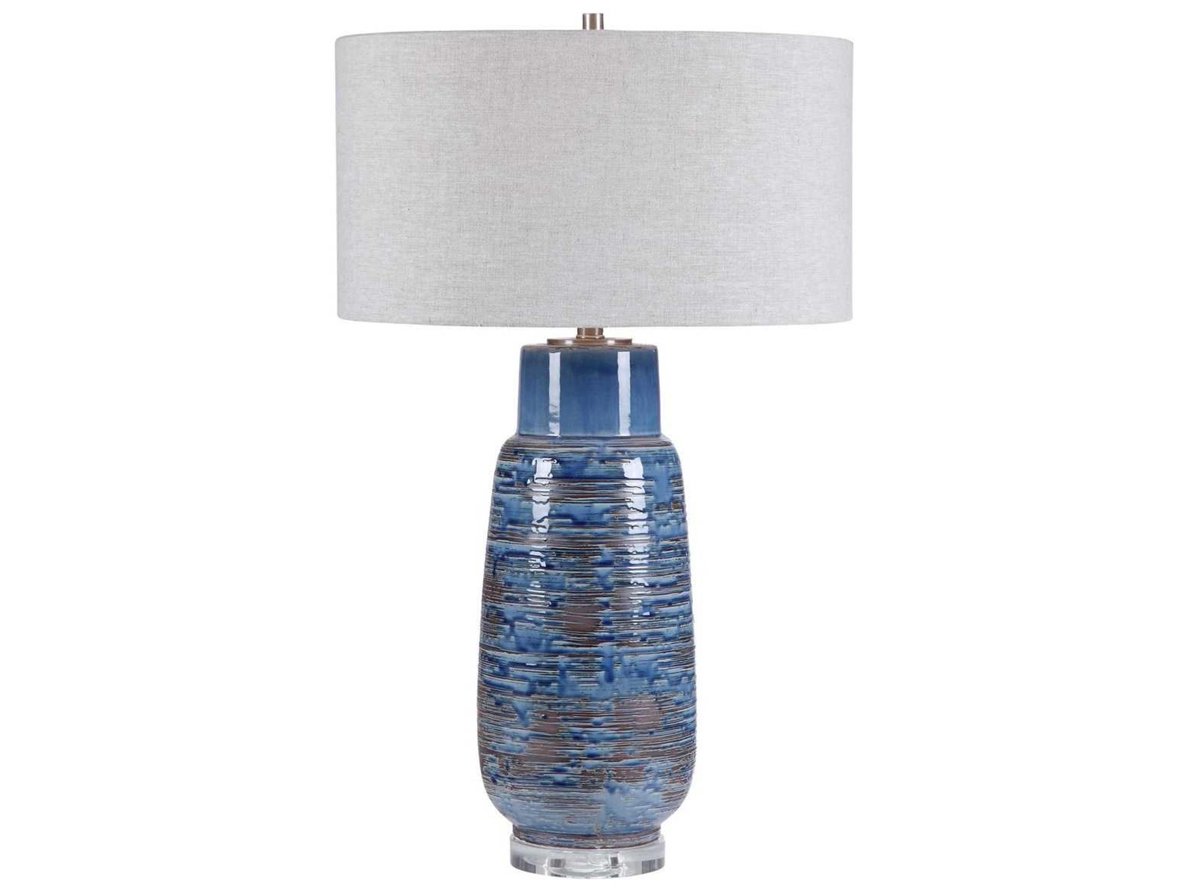 Magellan Crystal Distressed Aged Indigo Blue Round Hardback Drum Buffet Lamp