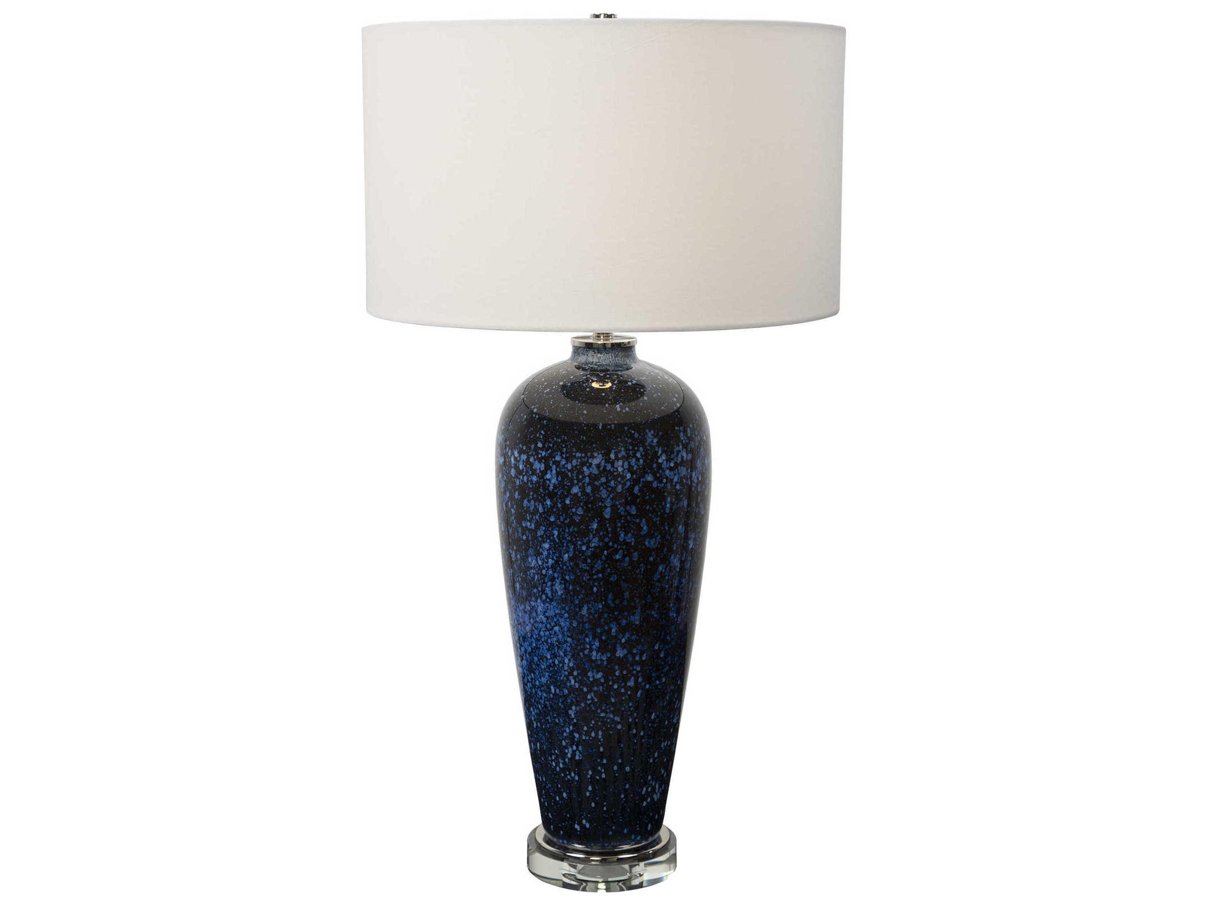 Stargazer Crystal Glass Navy Cobalt White Round Hardback Drum Blue Buffet Lamp
