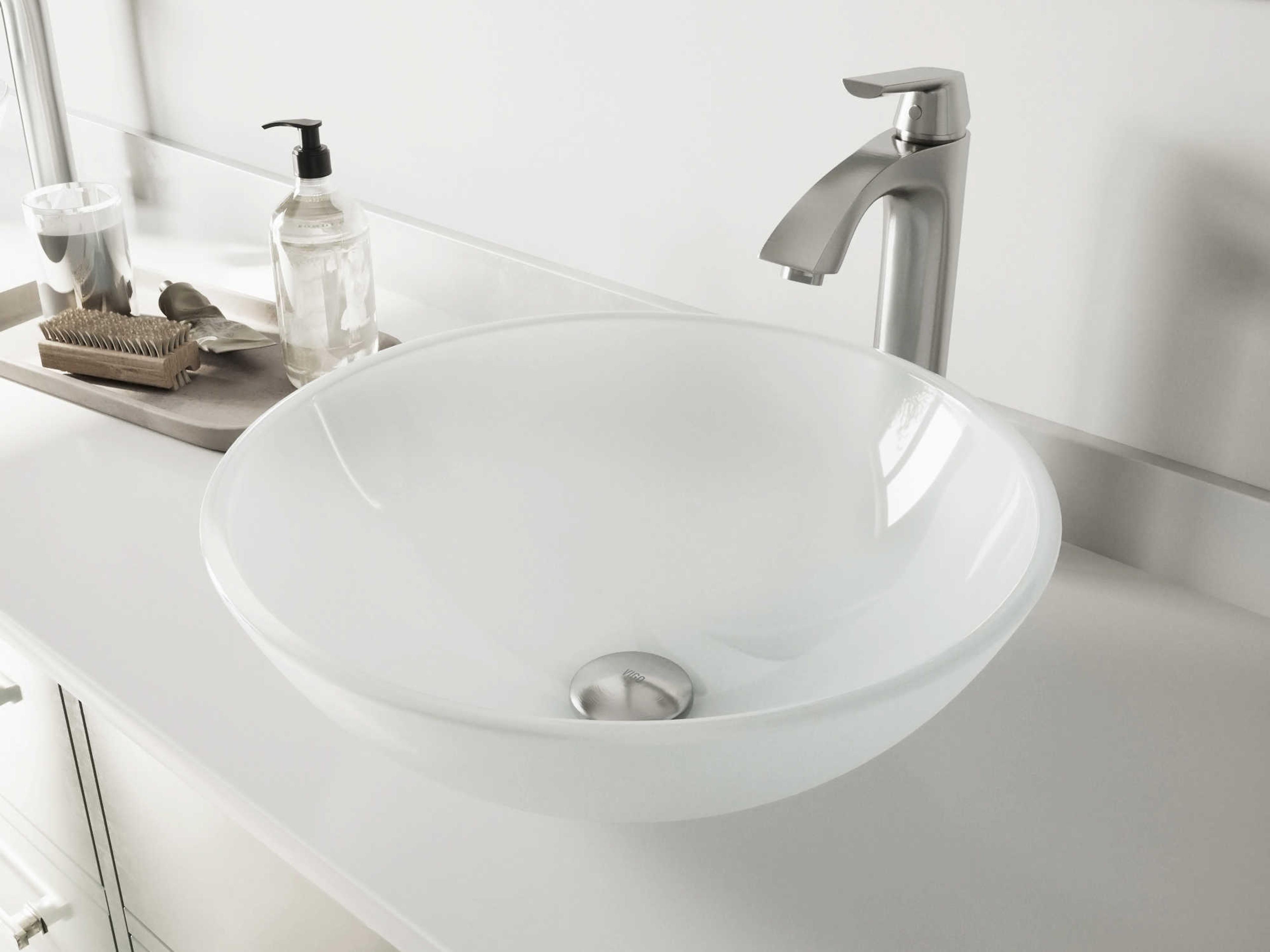 White Frost 17" Round Vessel Bathroom Sink with Brushed Nickel 1-Lever Linus Faucet and Drain