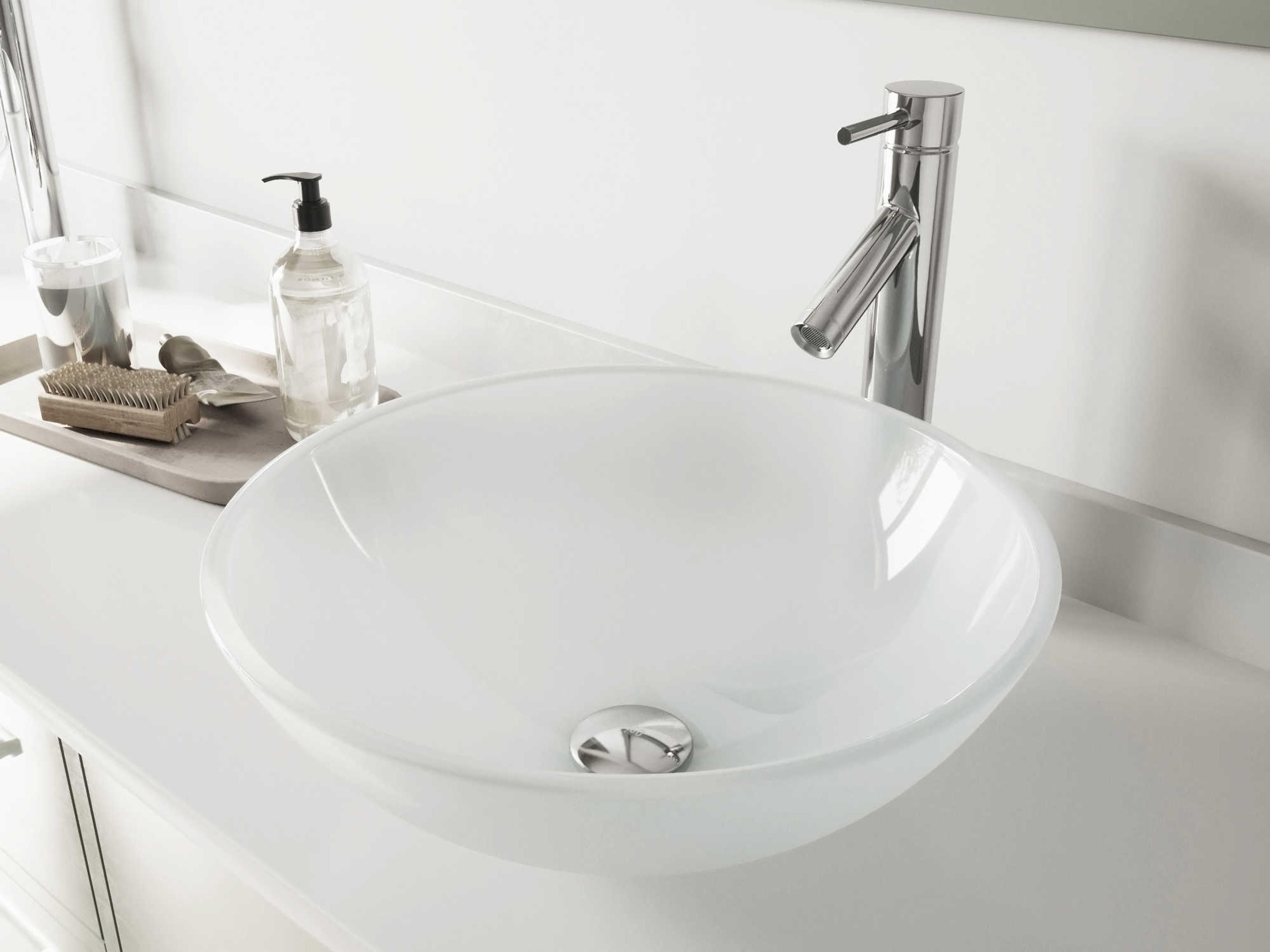 White Frost 17" Round Vessel Bathroom Sink with Chrome 1- Lever Dior Faucet and Drain