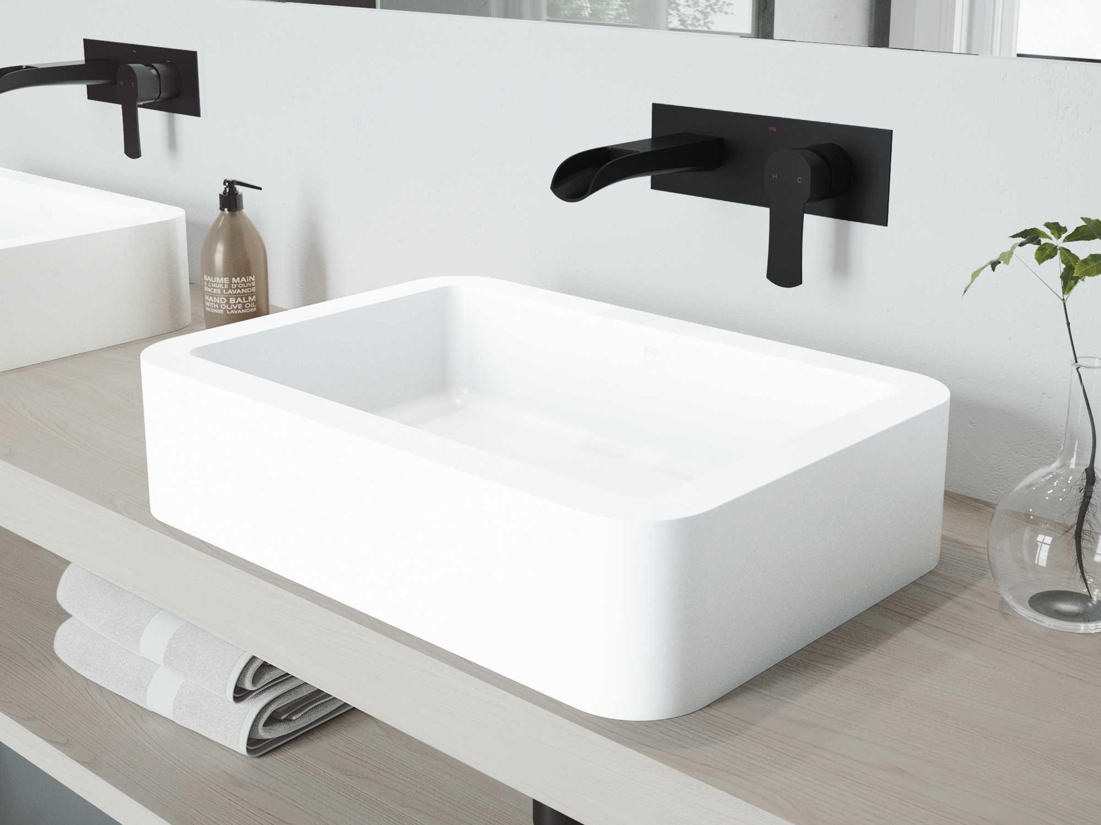 Petunia Matte White 23" Rectangular Vessel Bathroom Sink withMatte Black Single-Handle Cornelius Wall-Mount Faucet and Drain